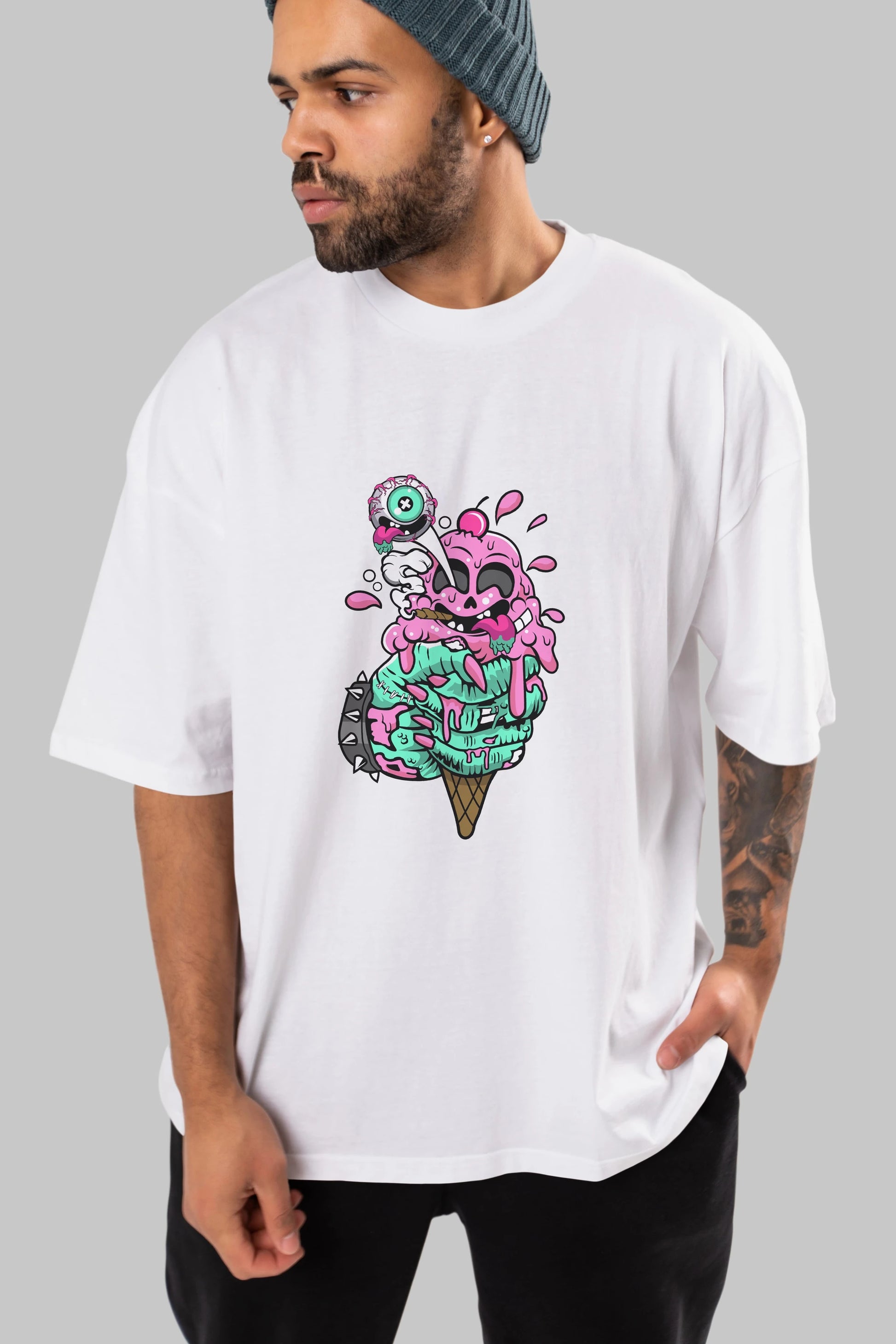 Ice Cream Zombie Ön Baskılı Oversize t-shirt Erkek Kadın Unisex %100 Pamuk tişort