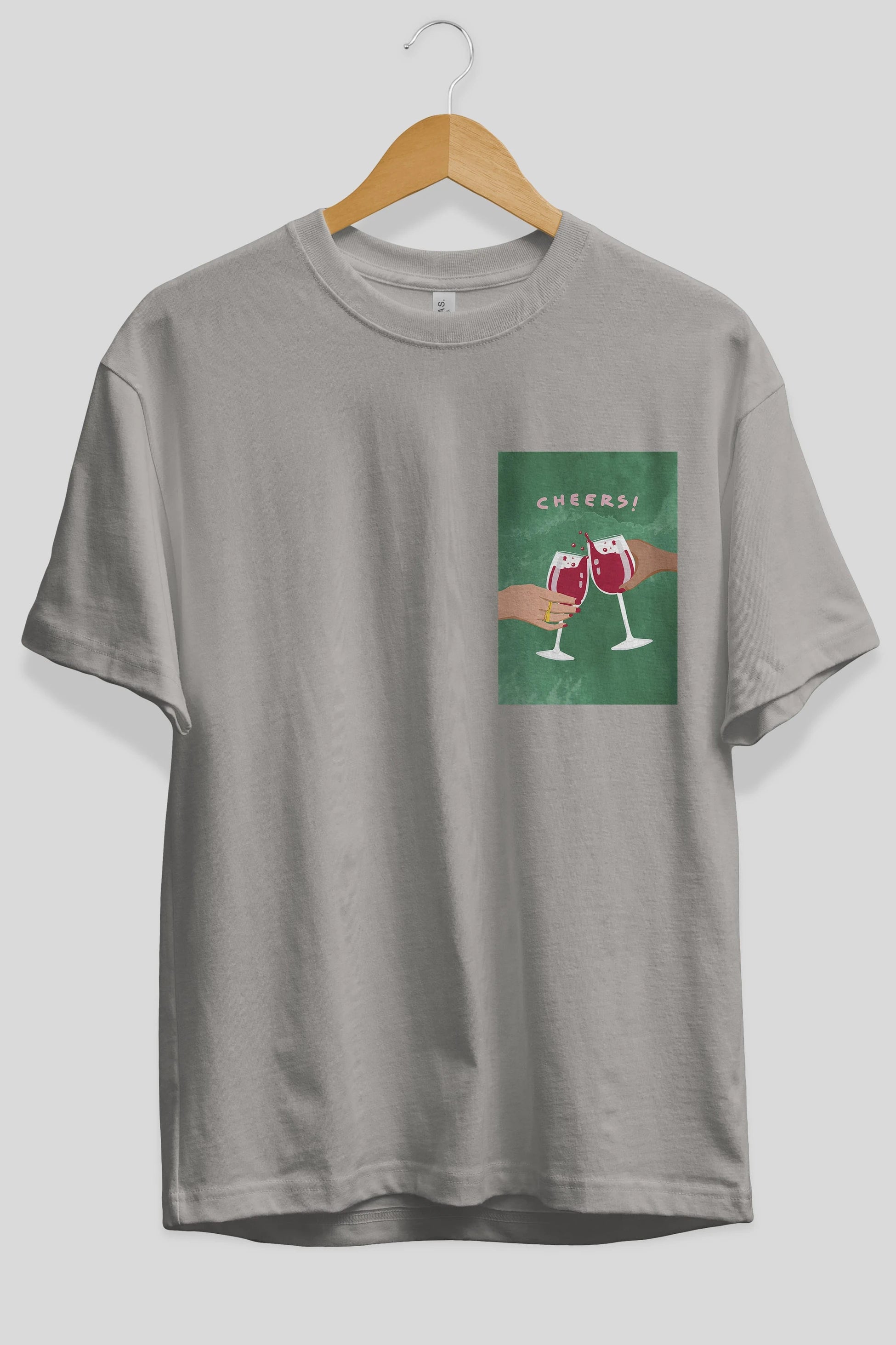 Cheers Ön Sol Baskılı Oversize t-shirt Erkek Kadın Unisex %100 Pamuk Bisiklet Yaka tişort