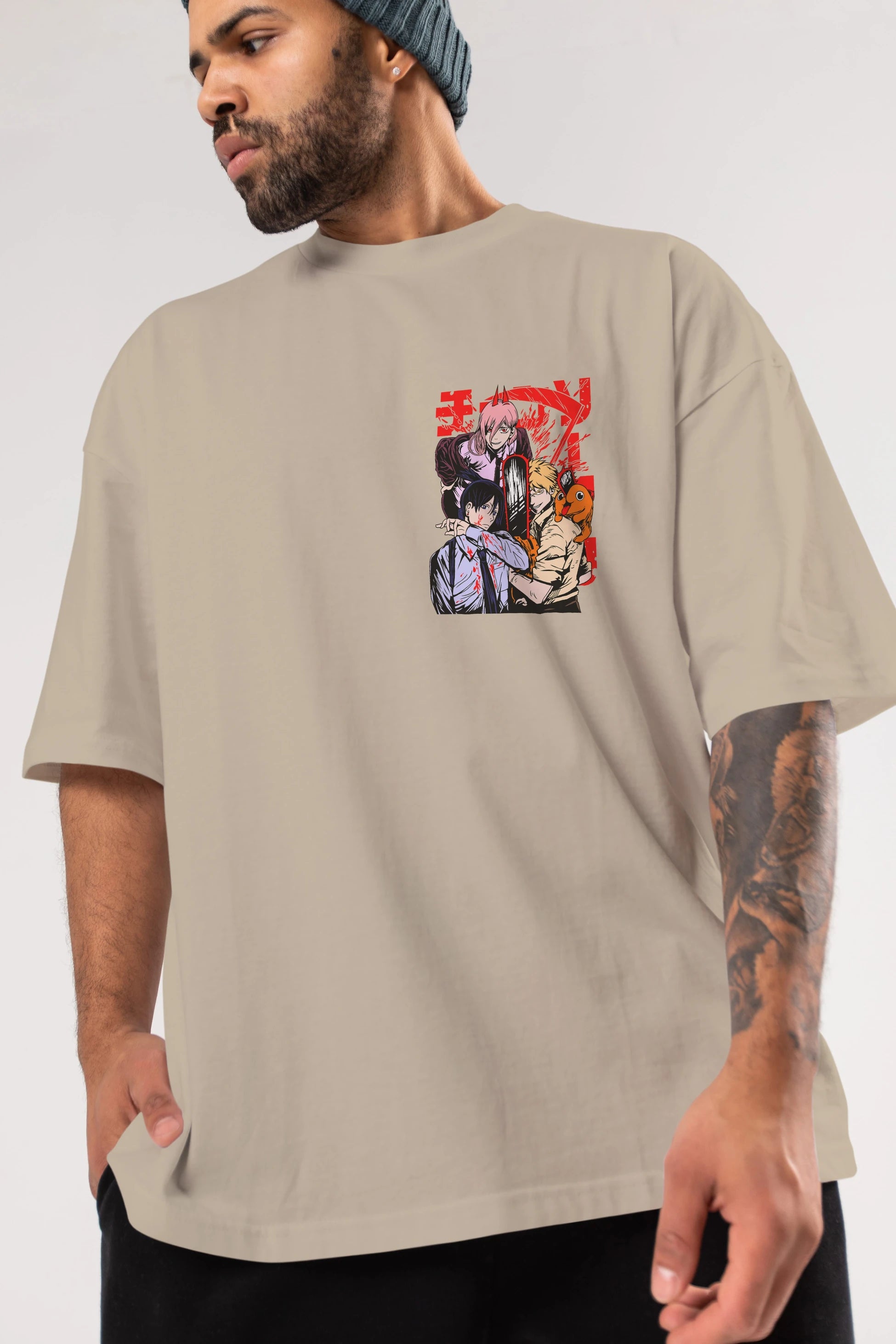CHAINSAWMAN CREW Ön Sol Baskılı Oversize t-shirt Erkek Kadın Unisex %100 Pamuk Bisiklet Yaka tişort