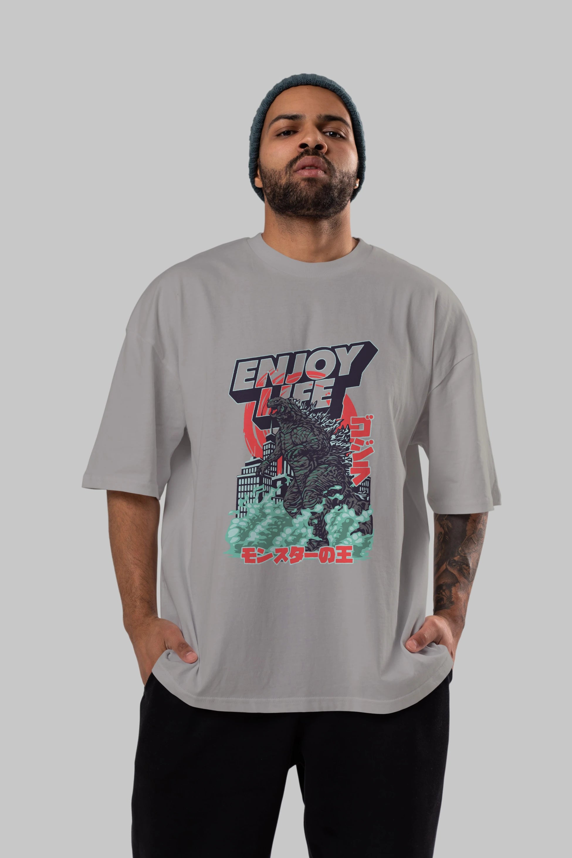 Godzilla Ön Baskılı Oversize t-shirt Erkek Kadın Unisex %100 Pamuk Bisiklet Yaka tişort