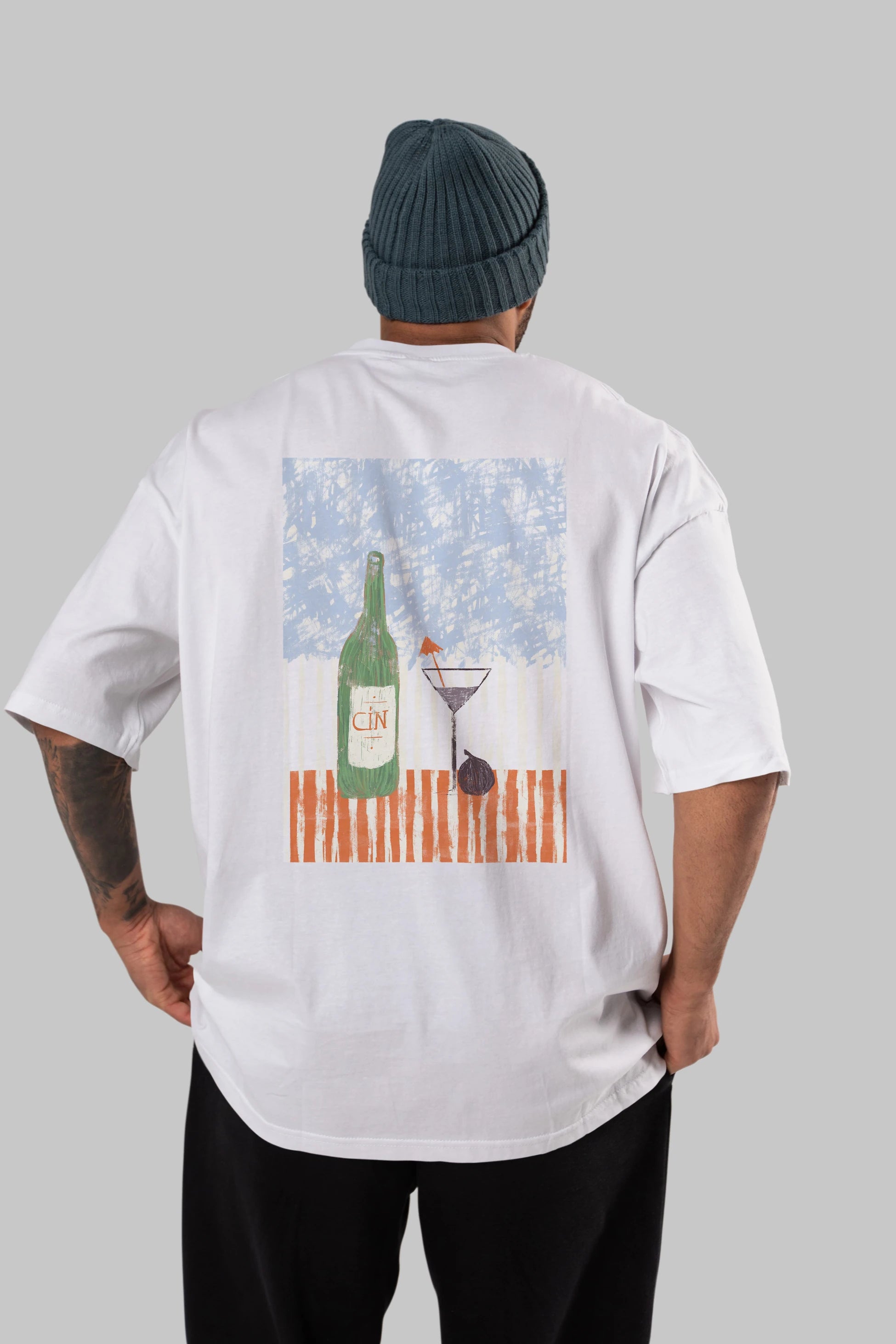 Gin Arka Baskılı Oversize t-shirt Erkek Kadın Unisex %100 Pamuk Bisiklet Yaka tişort