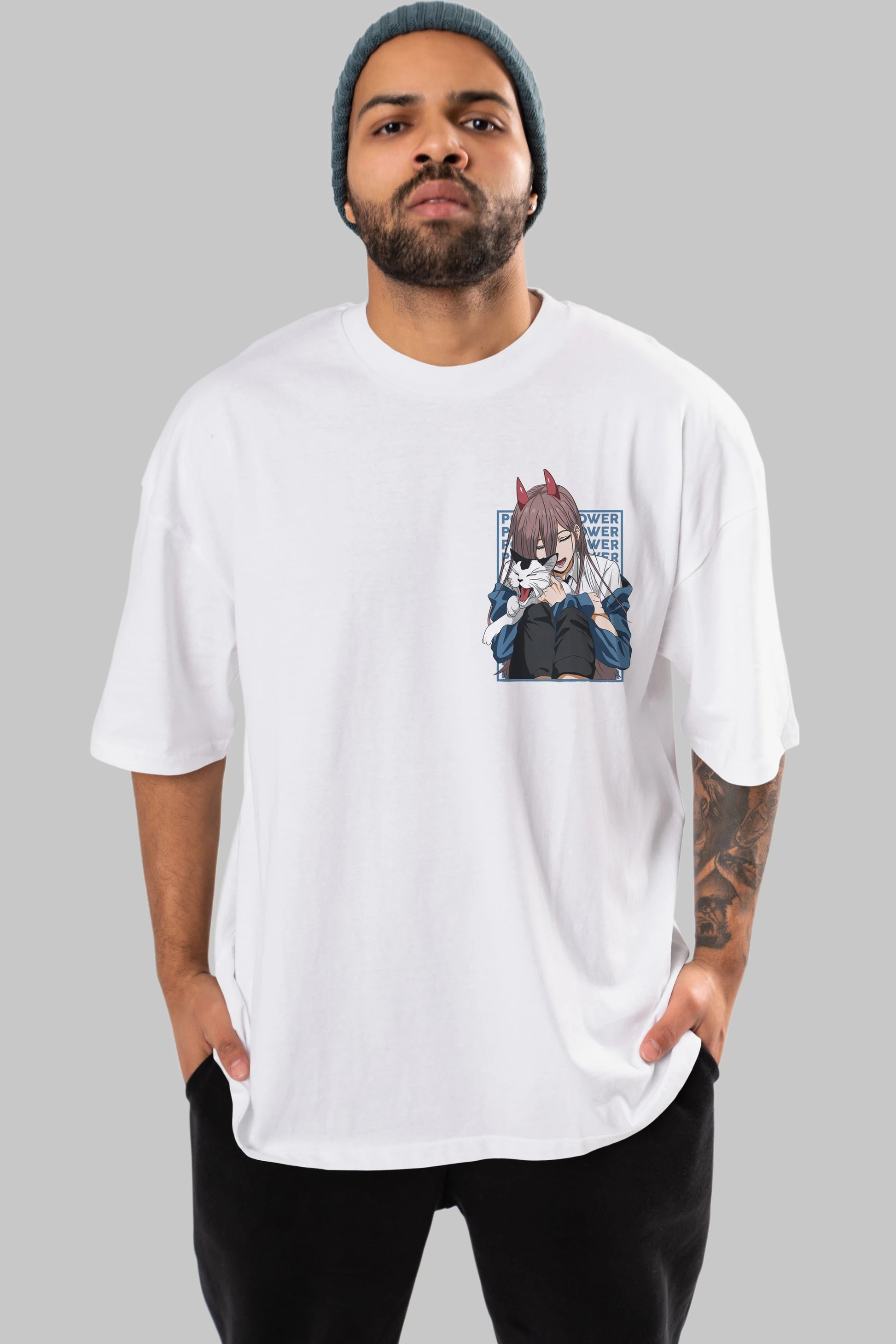 POWER CHAINSAWMAN Ön Sol Baskılı Oversize t-shirt Erkek Kadın Unisex %100 Pamuk Bisiklet Yaka tişort