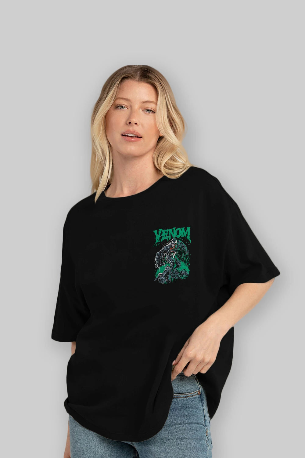 Venom (3) Ön Sol Baskılı Oversize t-shirt Erkek Kadın Unisex %100 Pamuk Bisiklet Yaka tişort