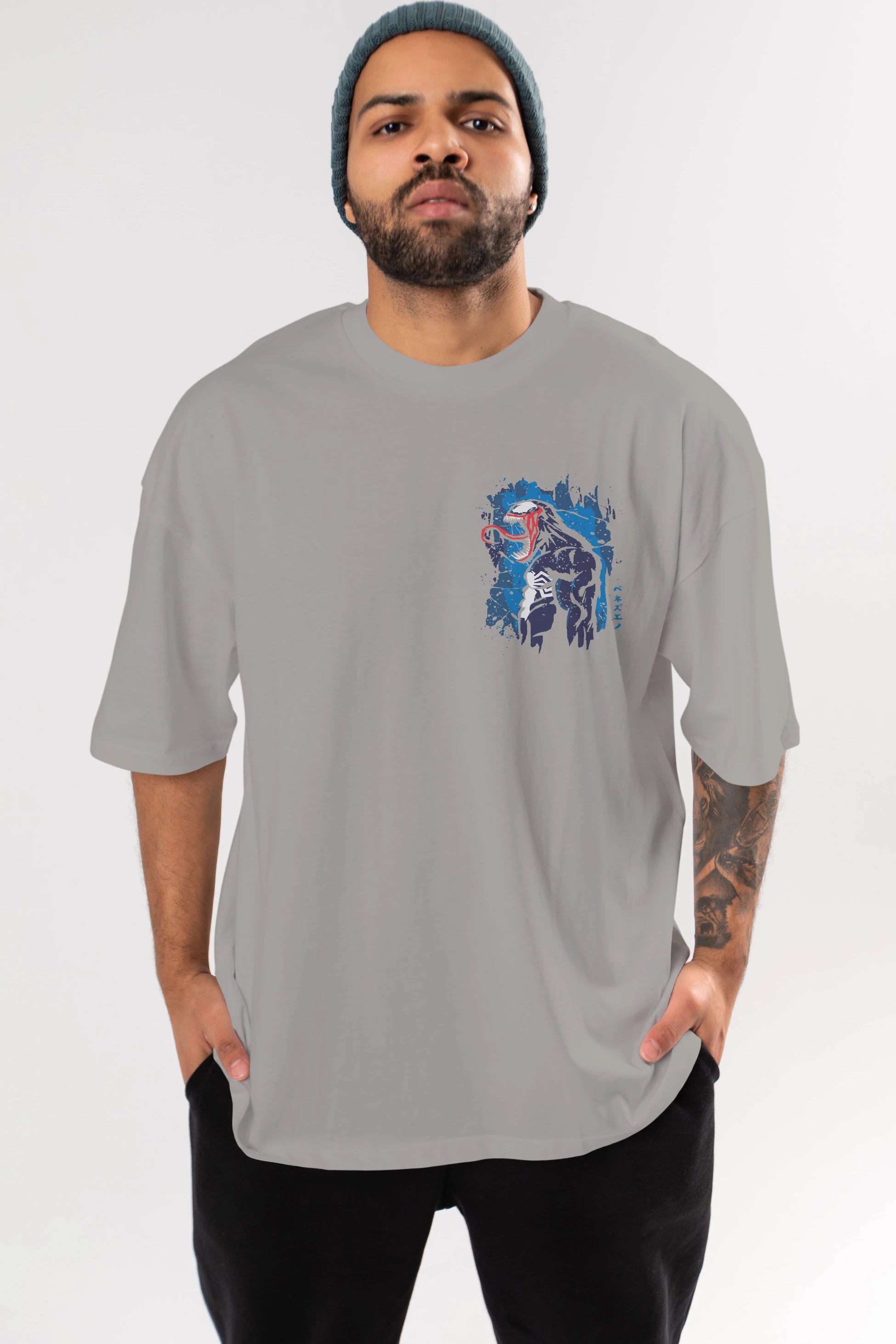 Venom (24) Ön Sol Baskılı Oversize t-shirt Erkek Kadın Unisex %100 Pamuk Bisiklet Yaka tişort