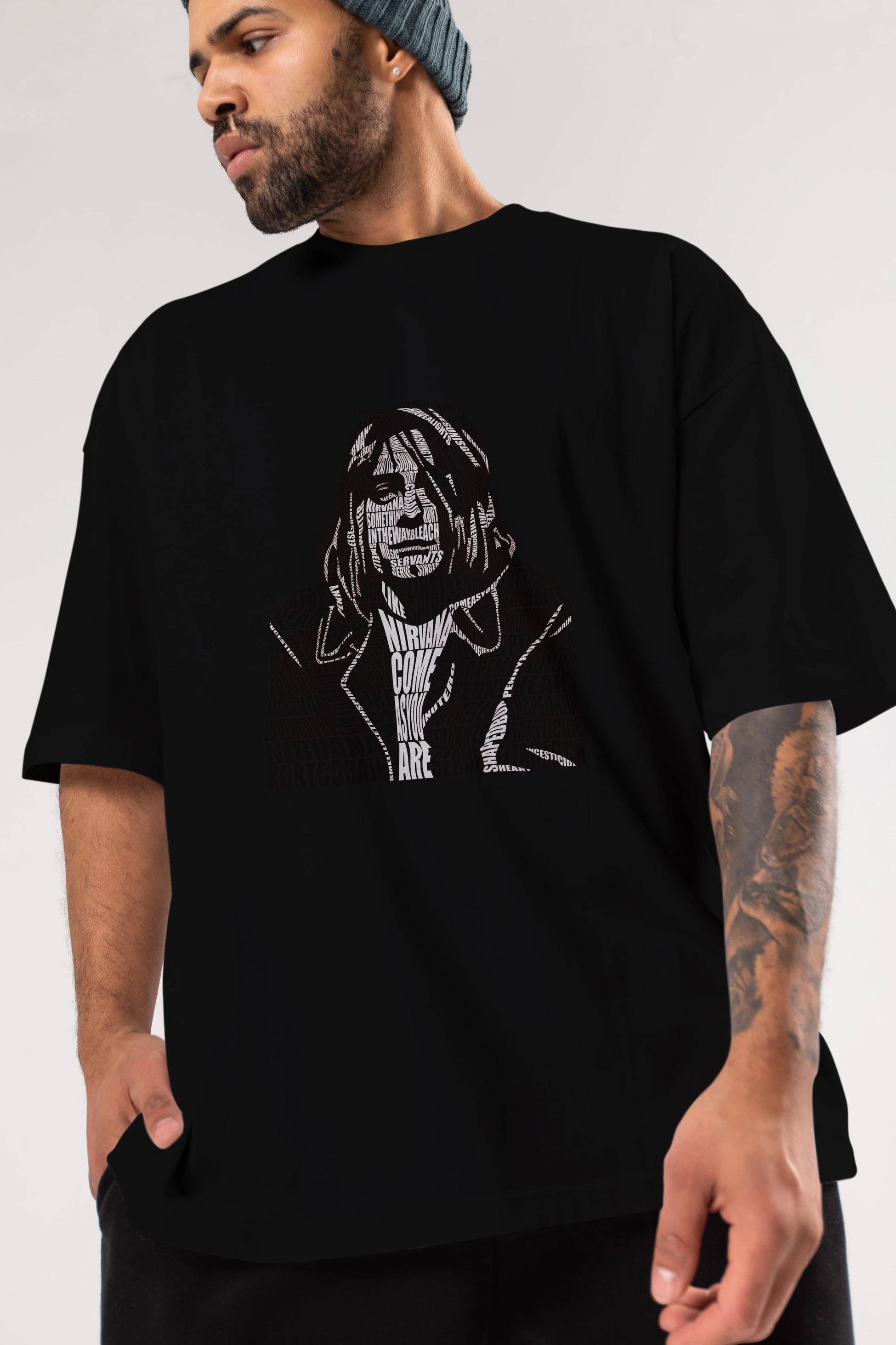 Kurt Cobain Calligram Ön Baskılı Oversize t-shirt %100 pamuk Erkek Kadın Unisex
