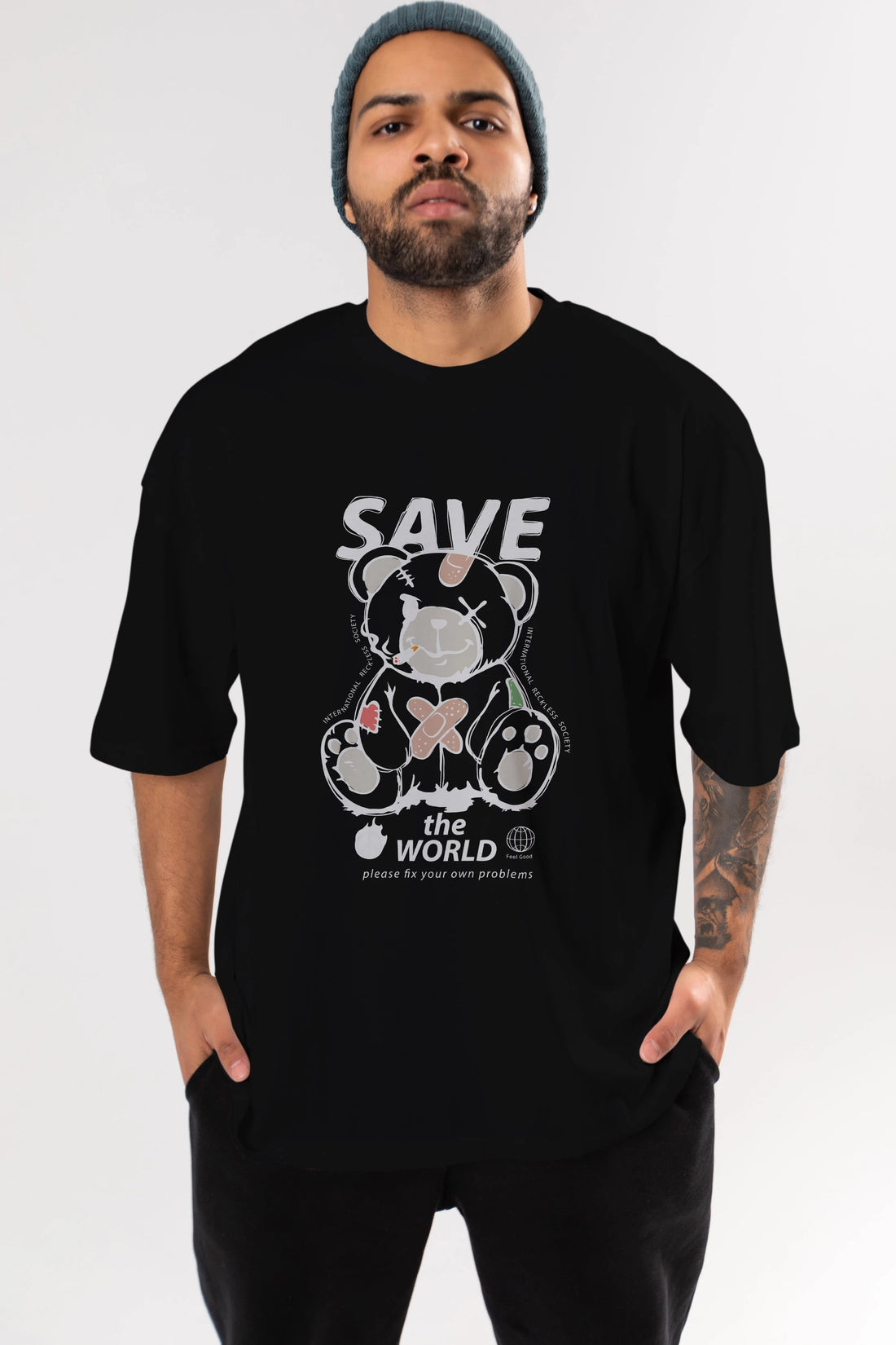 Save the World Bear Ön Baskılı Oversize t-shirt Erkek Kadın Unisex