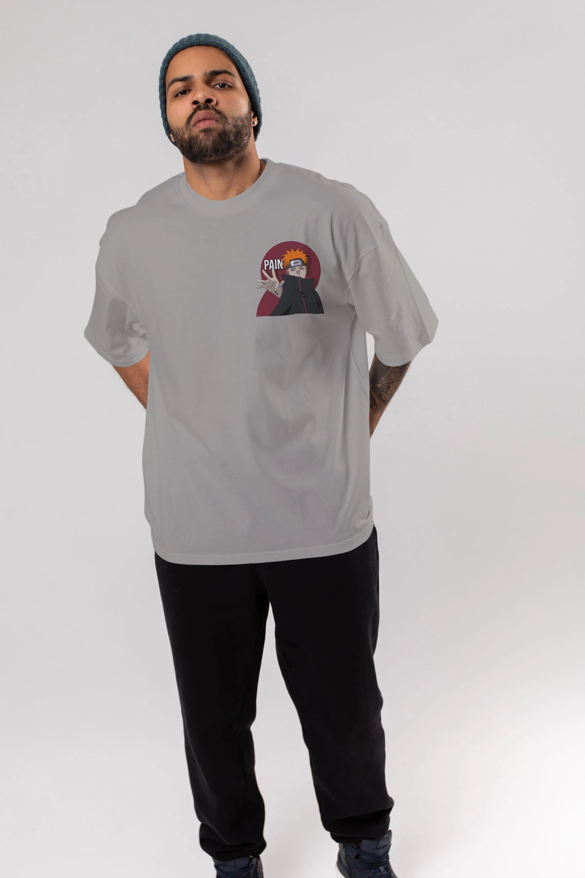 PAIN NARUTO Ön Sol Baskılı Oversize t-shirt Erkek Kadın Unisex %100 Pamuk Bisiklet Yaka tişort