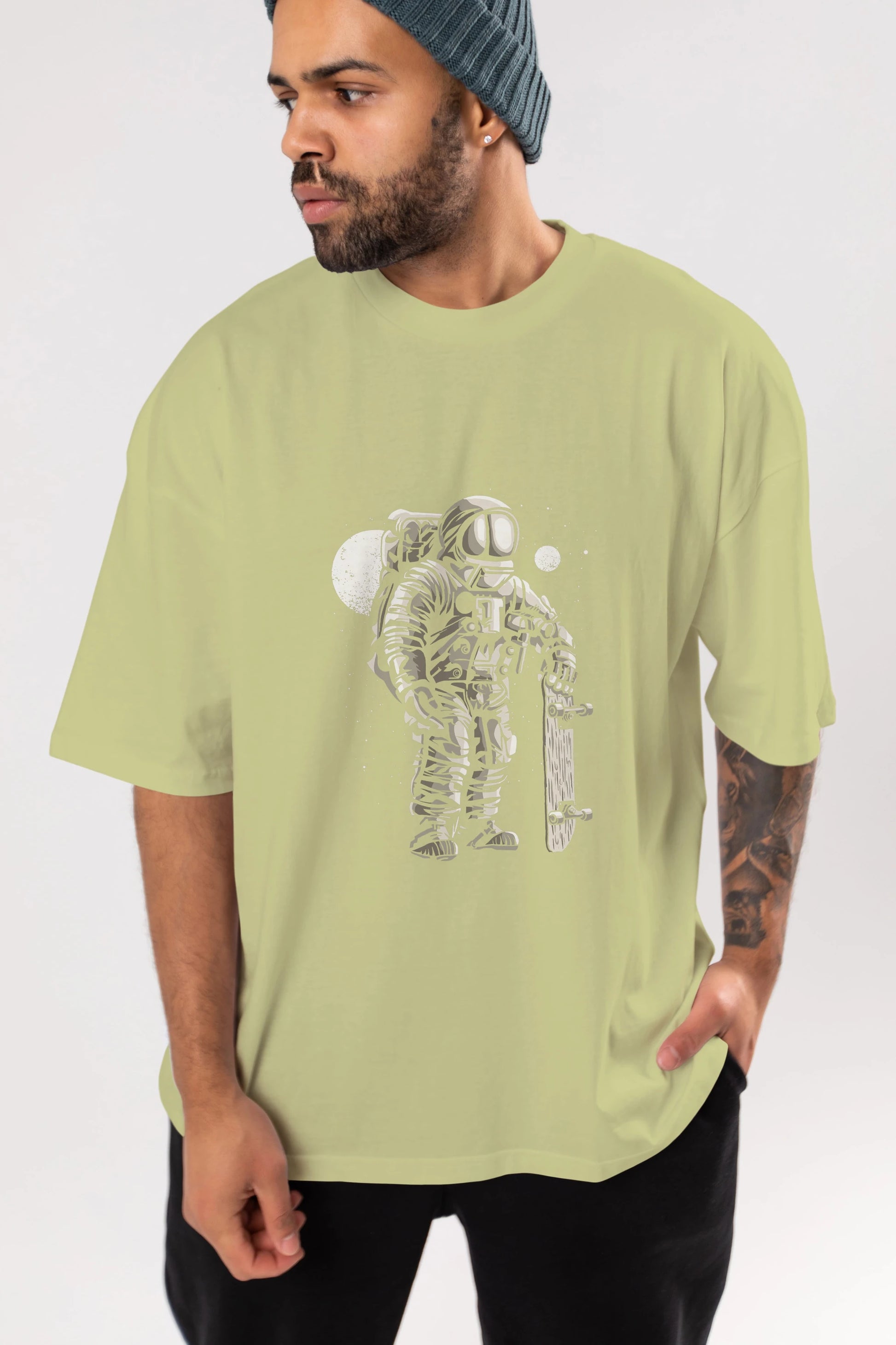 Astronaut Skater Ön Baskılı Oversize t-shirt Erkek Kadın Unisex %100 Pamuk tişort