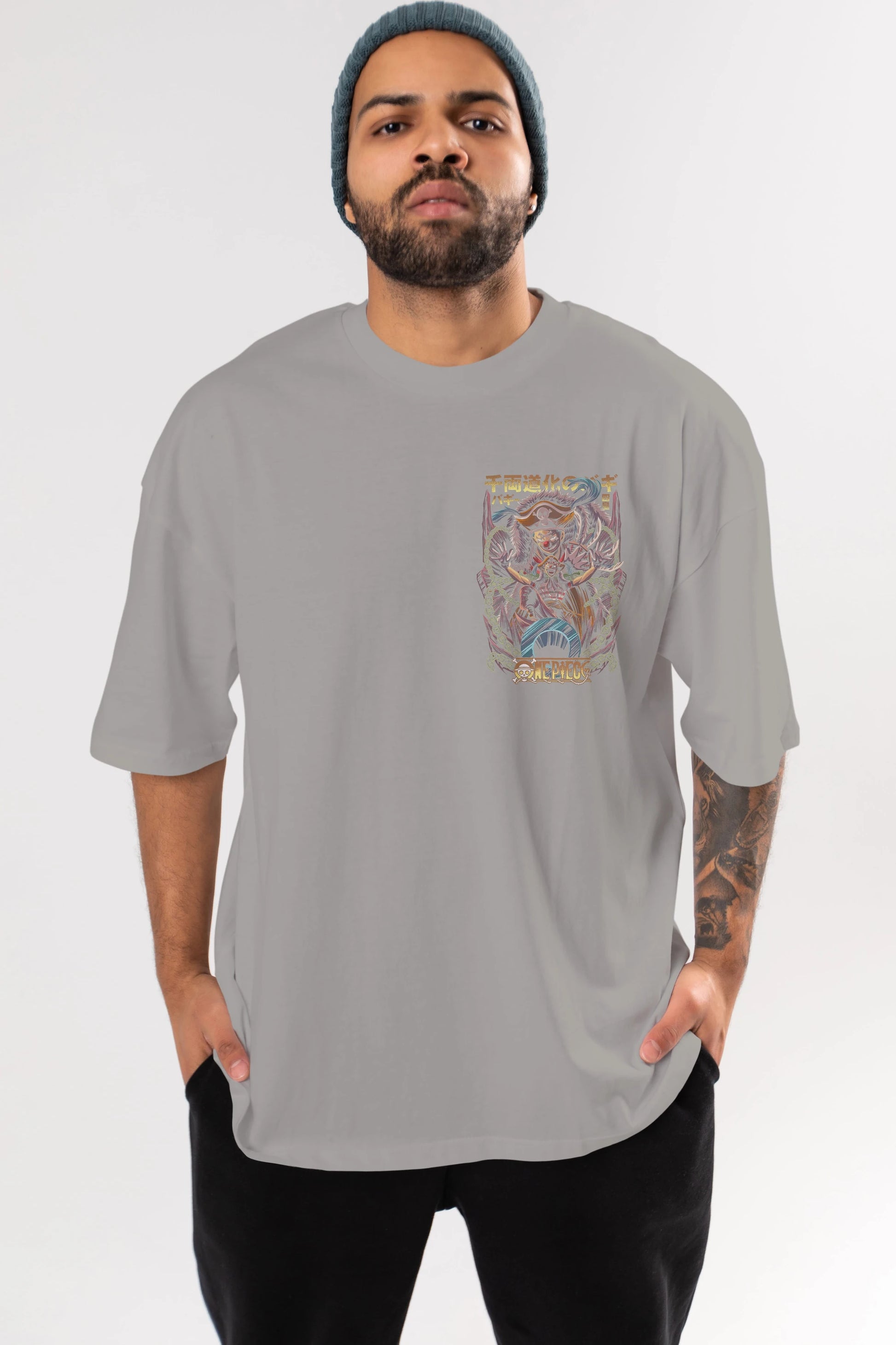 ONE PIECE (5) Ön Sol Baskılı Oversize t-shirt Erkek Kadın Unisex %100 Pamuk Bisiklet Yaka tişort