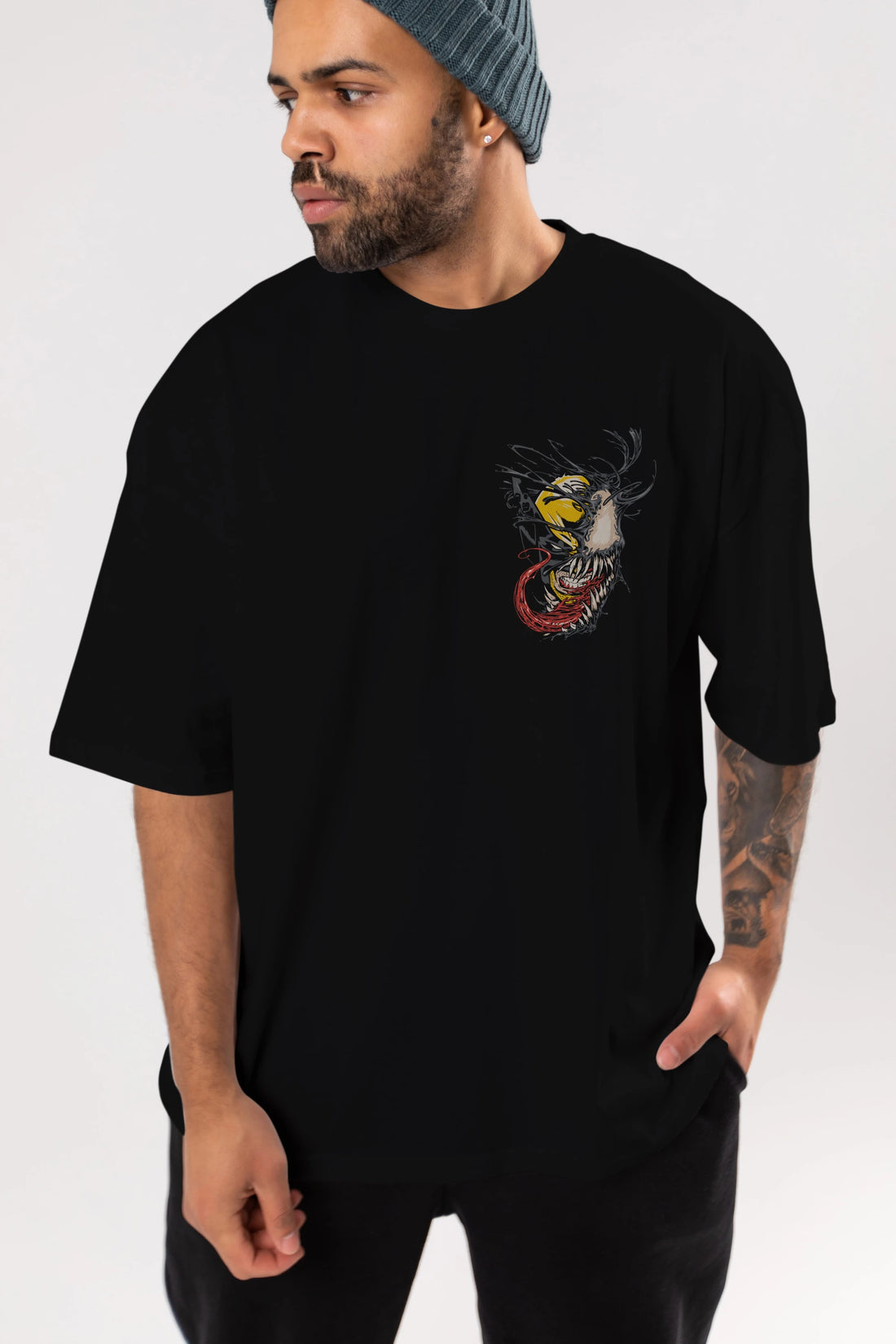 Venom (4) Ön Sol Baskılı Oversize t-shirt Erkek Kadın Unisex %100 Pamuk Bisiklet Yaka tişort