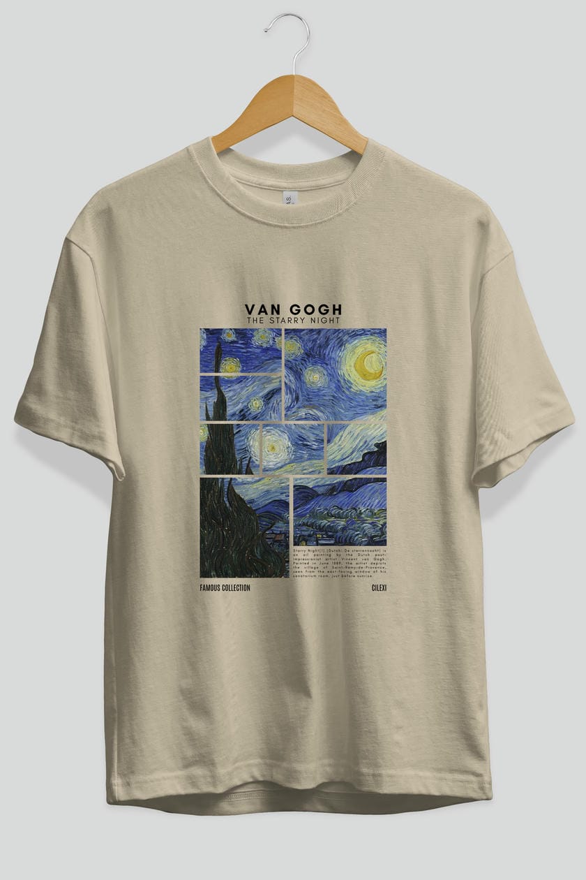 Van Gogh The Starry Night ön Baskılı Oversize t-shirt Erkek Kadın Bisiklet Yaka Pamuk tişort