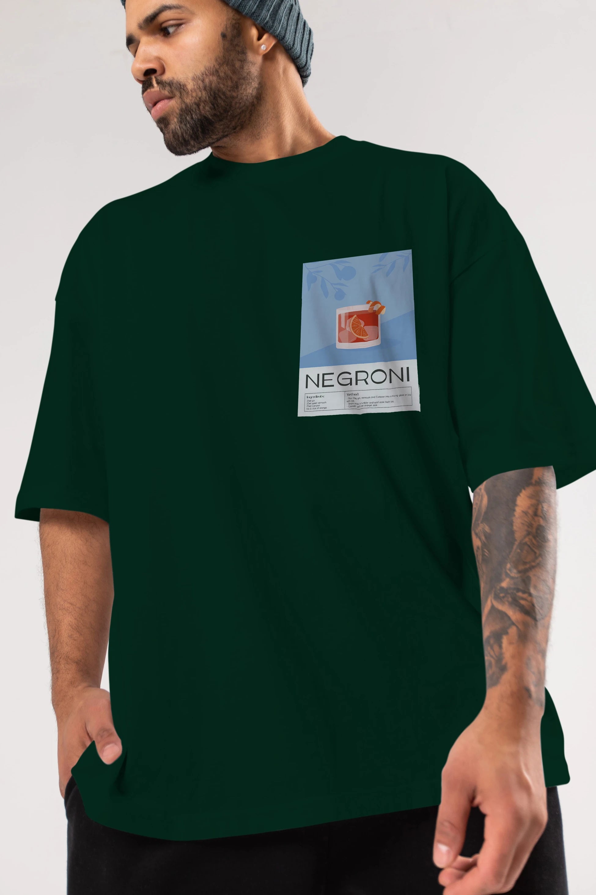 Negroni Ön Sol Baskılı Oversize t-shirt Erkek Kadın Unisex %100 Pamuk Bisiklet Yaka tişort