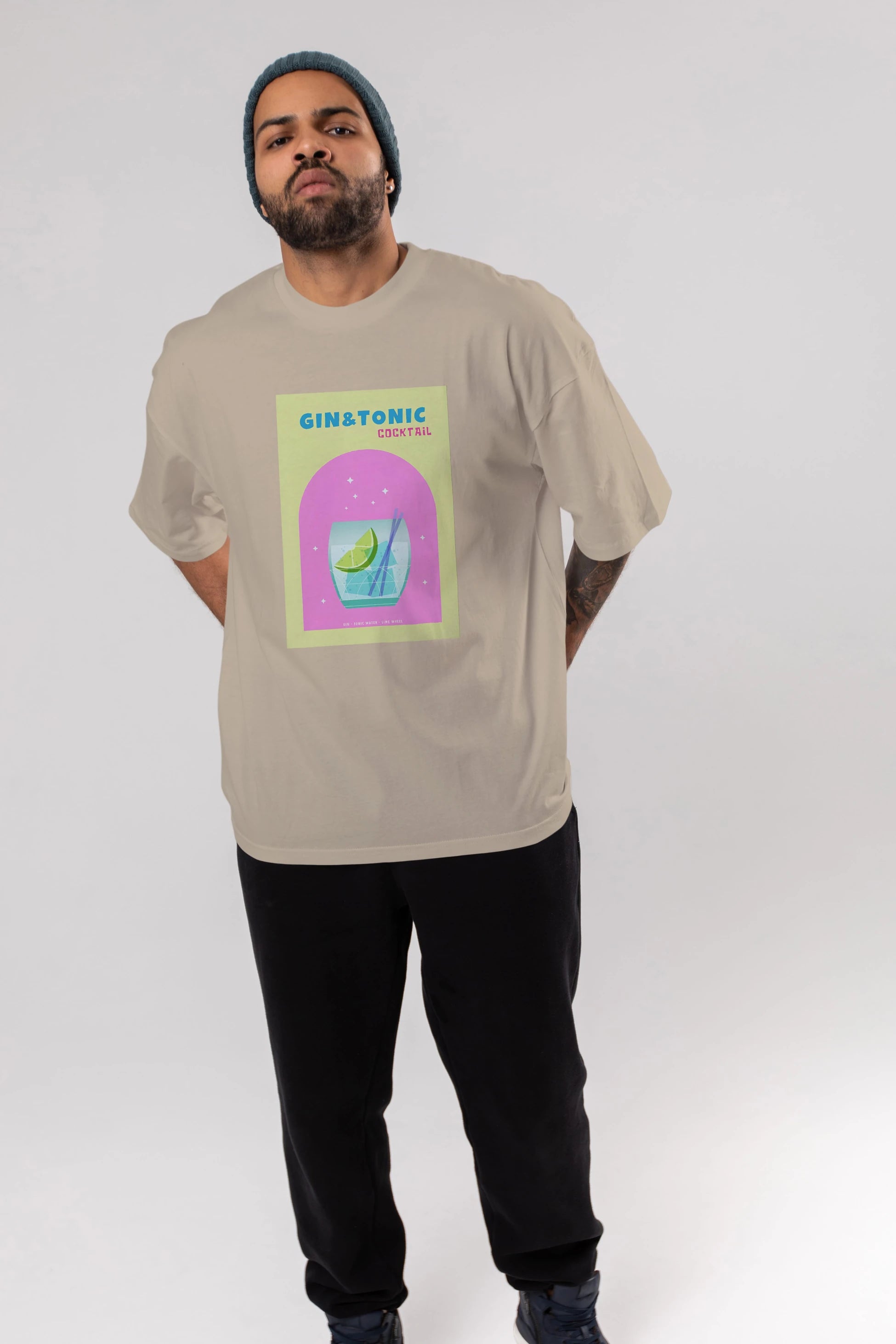 Gin Tonic Cocktail Ön Baskılı Oversize t-shirt Erkek Kadın Unisex %100 Pamuk Bisiklet Yaka tişort