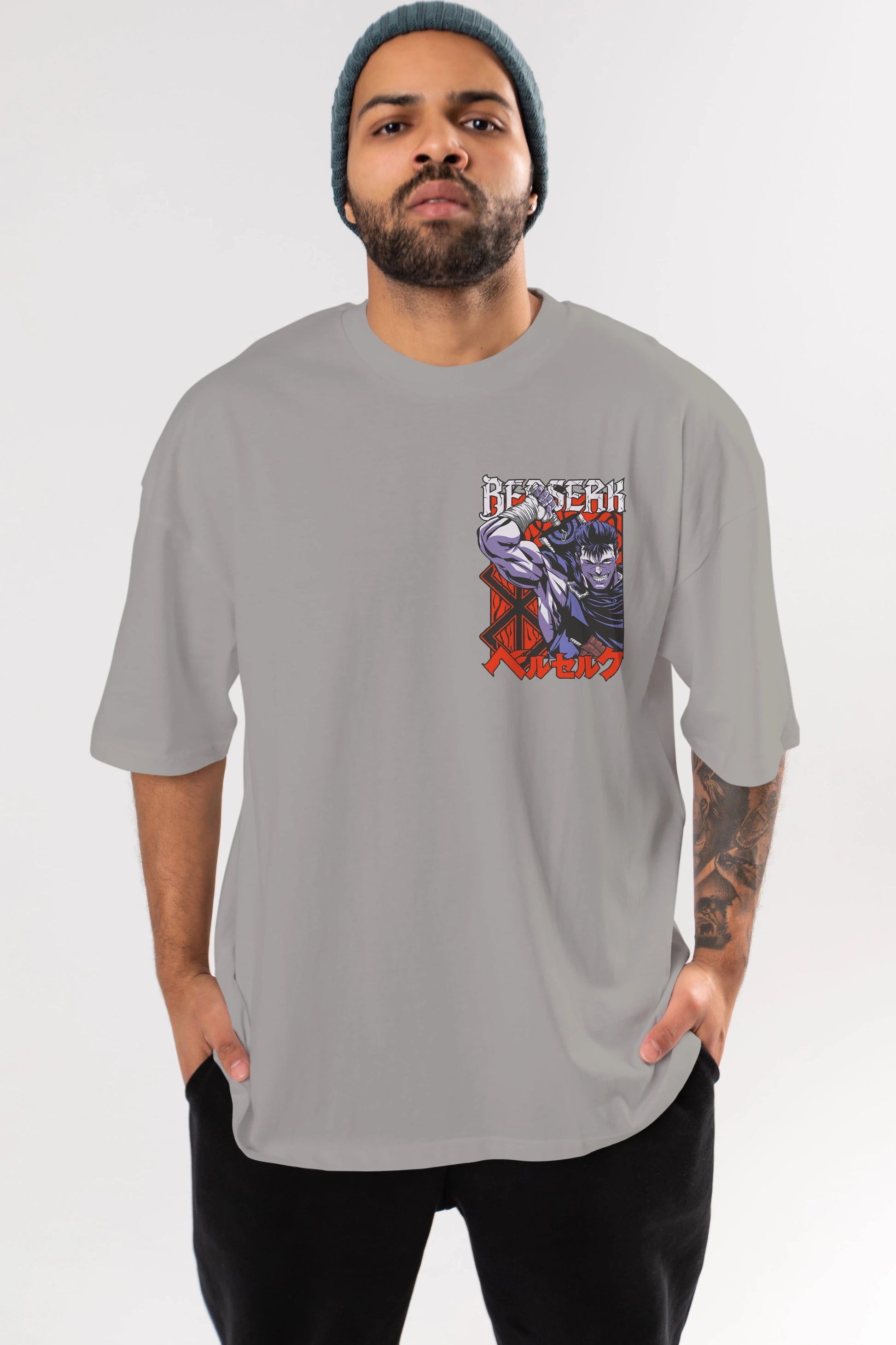 GUTS berserk Ön Sol Baskılı Oversize t-shirt Erkek Kadın Unisex %100 Pamuk Bisiklet Yaka tişort