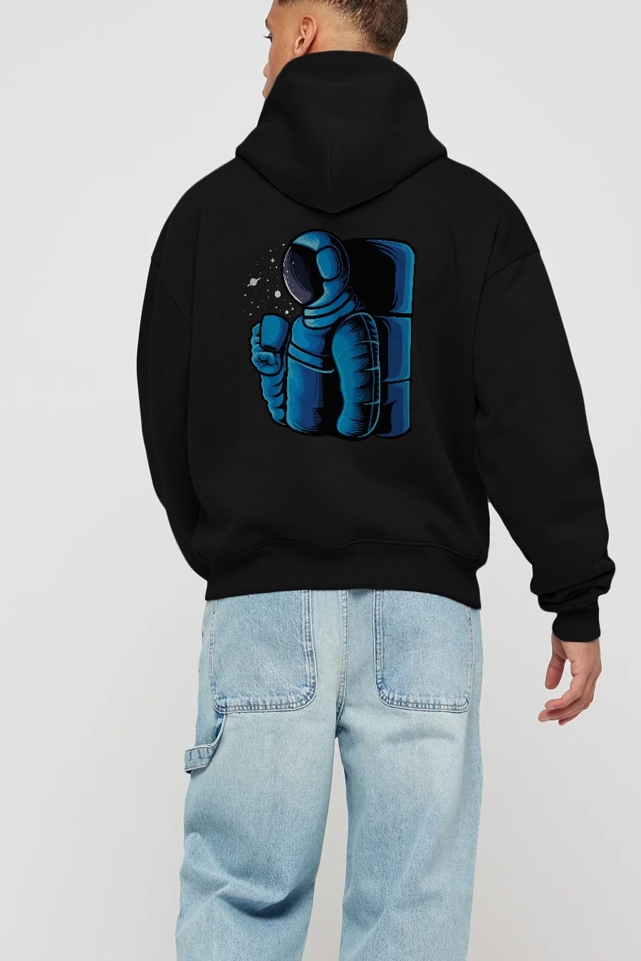 Drinking coffee in space Arka Baskılı Hoodie Oversize Kapüşonlu Sweatshirt Erkek Kadın Unisex