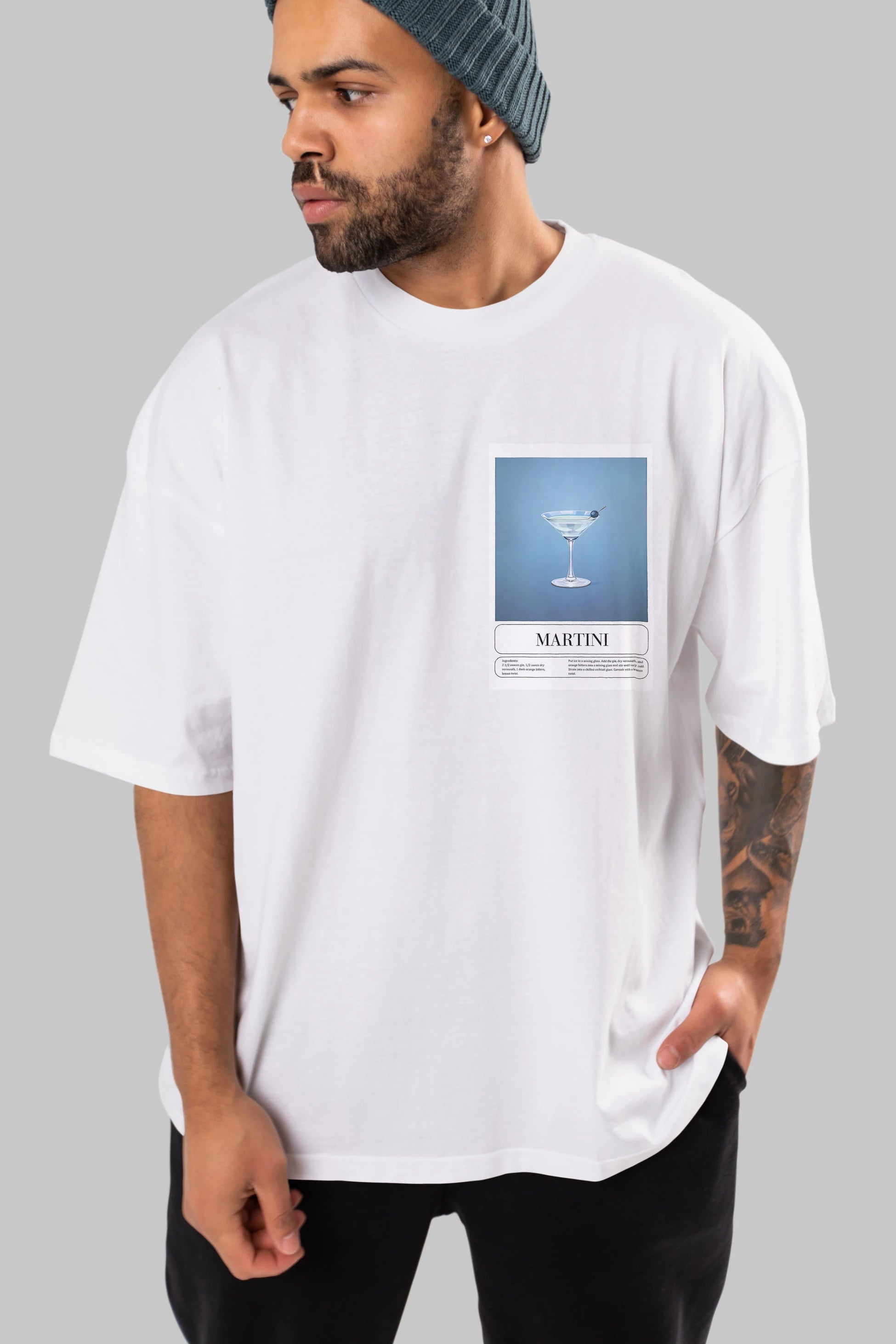 Martini Ön Sol Baskılı Oversize t-shirt Erkek Kadın Unisex %100 Pamuk Bisiklet Yaka tişort
