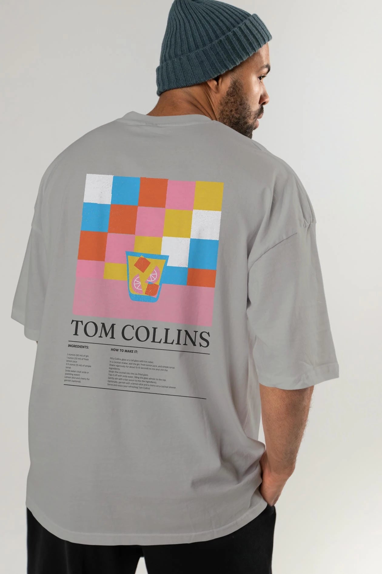 Tom Collins Kokteyl Serisi Arka Baskılı Oversize t-shirt Erkek Kadın %100 Pamuk Bisiklet Yaka tişort