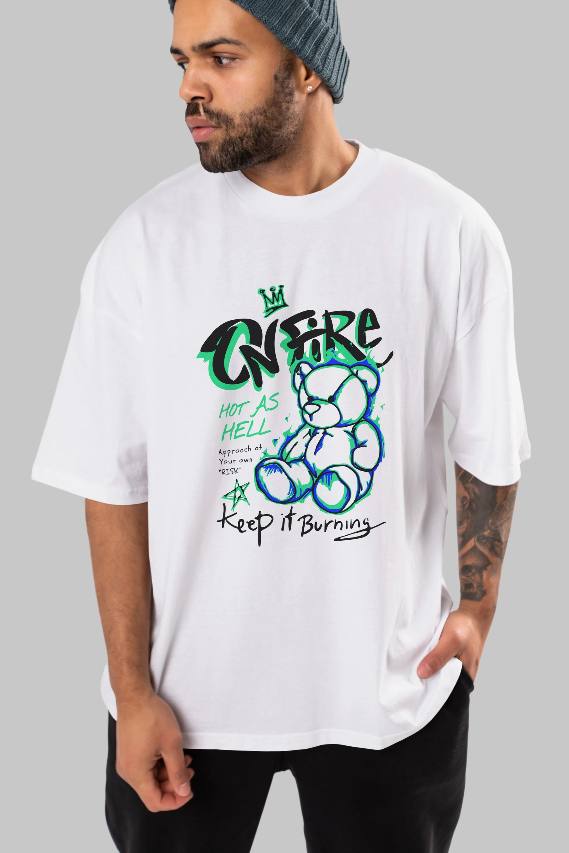 On Fire Bear Ön Baskılı Oversize t-shirt Erkek Kadın Unisex