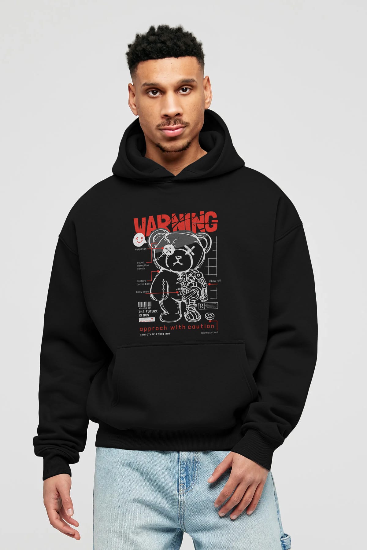 Teddy Bear Warning Ön Baskılı Hoodie Oversize Kapüşonlu Sweatshirt Erkek Kadın Unisex