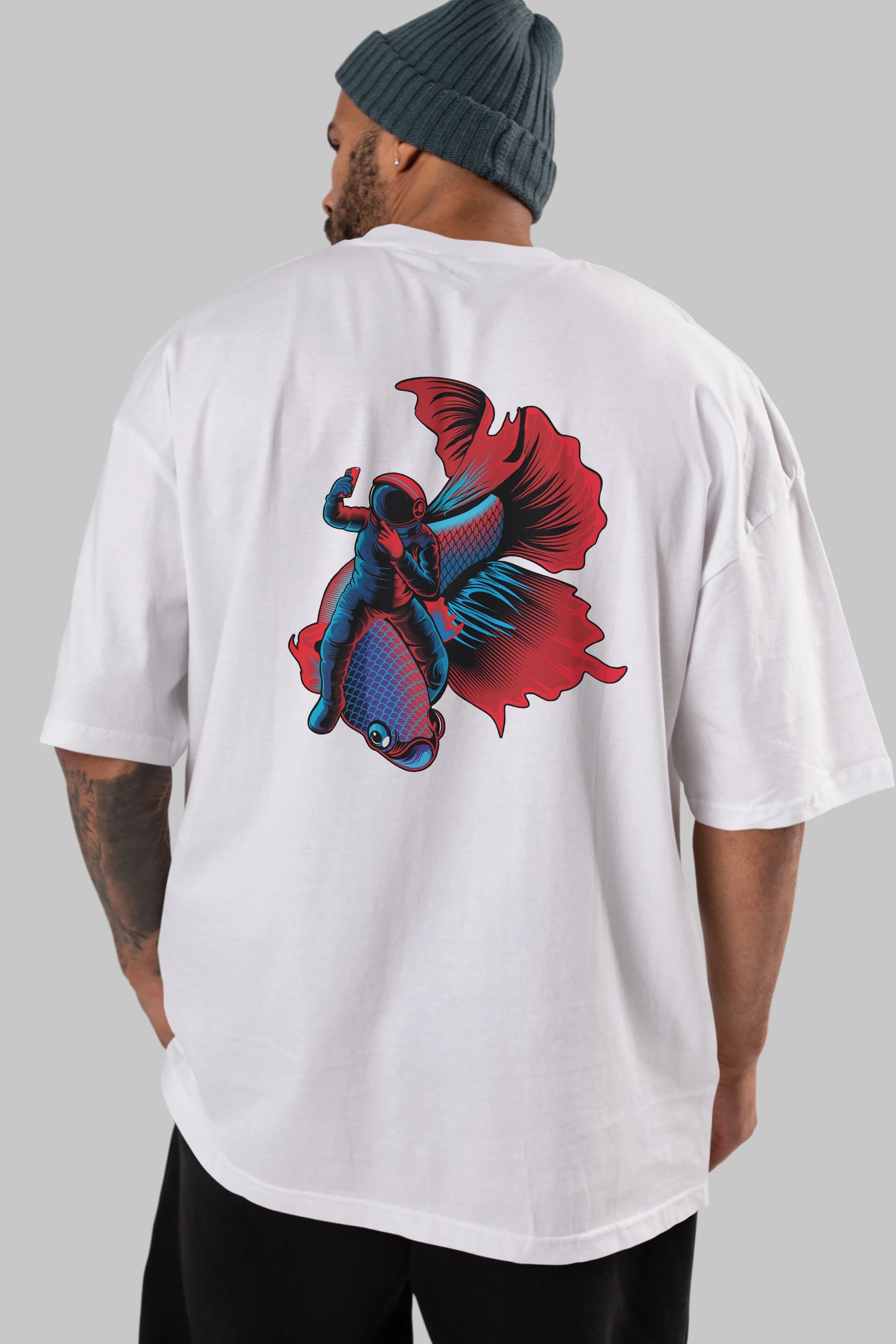 Astrofish selfie Arka Baskılı Oversize t-shirt Erkek Kadın Unisex
