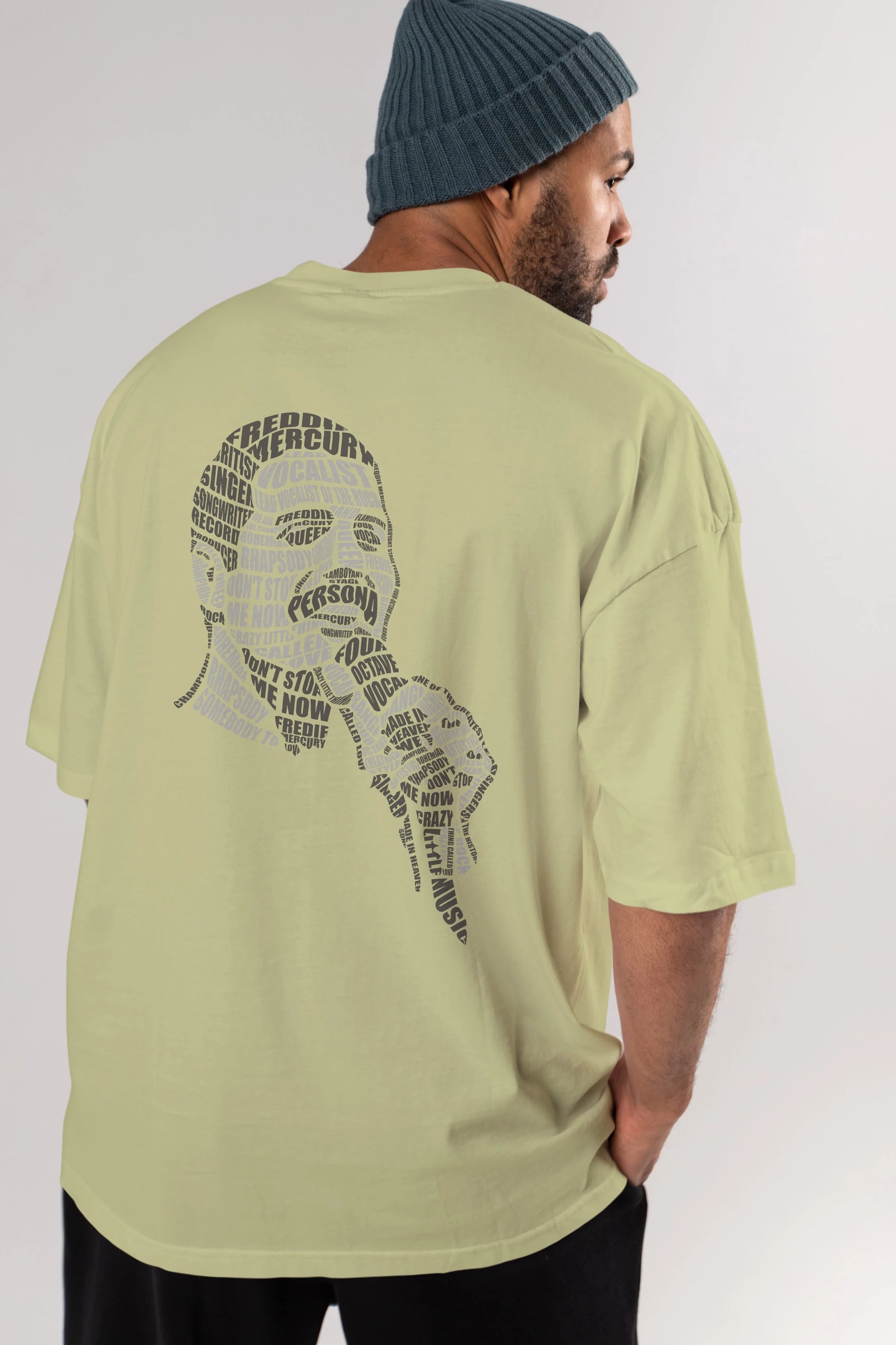 Freddy Mercuri Calligram Arka Baskılı Oversize t-shirt %100 pamuk Erkek Kadın Unisex