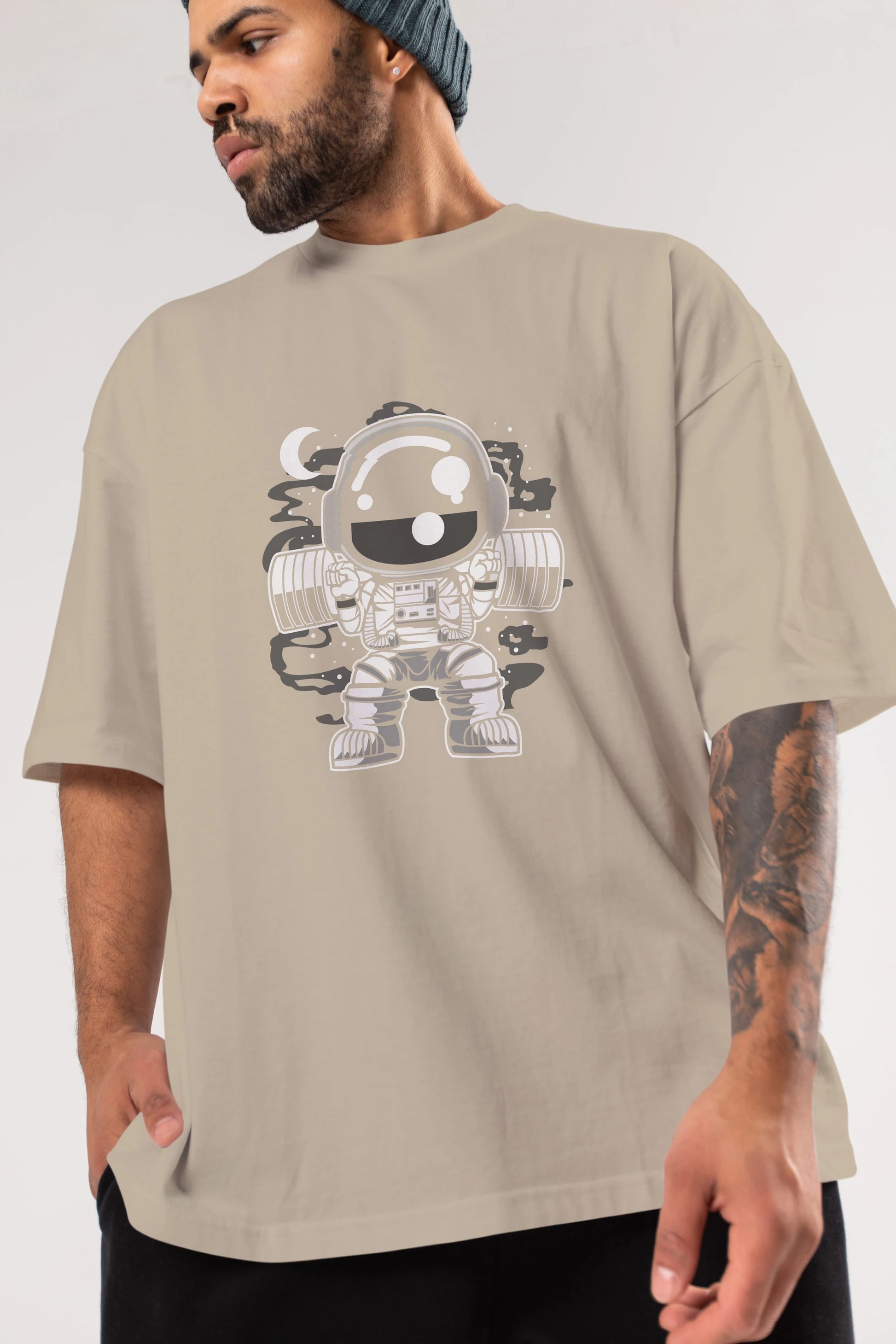 Astronaut Barbell Body Builder Ön Baskılı Oversize t-shirt Erkek Kadın Unisex