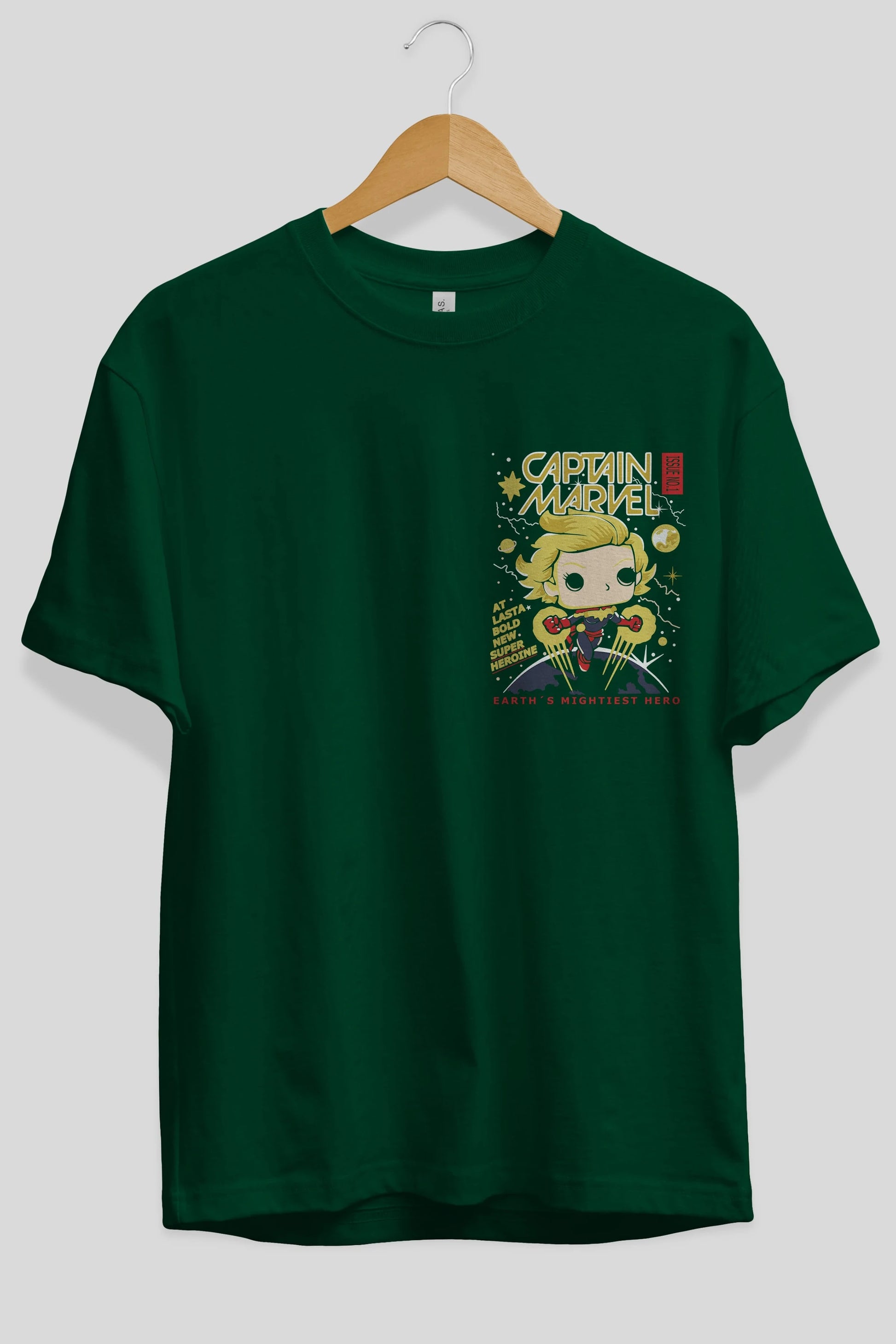 Captain Marvel Ön Sol Baskılı Oversize t-shirt Erkek Kadın Unisex %100 Pamuk Bisiklet Yaka tişort