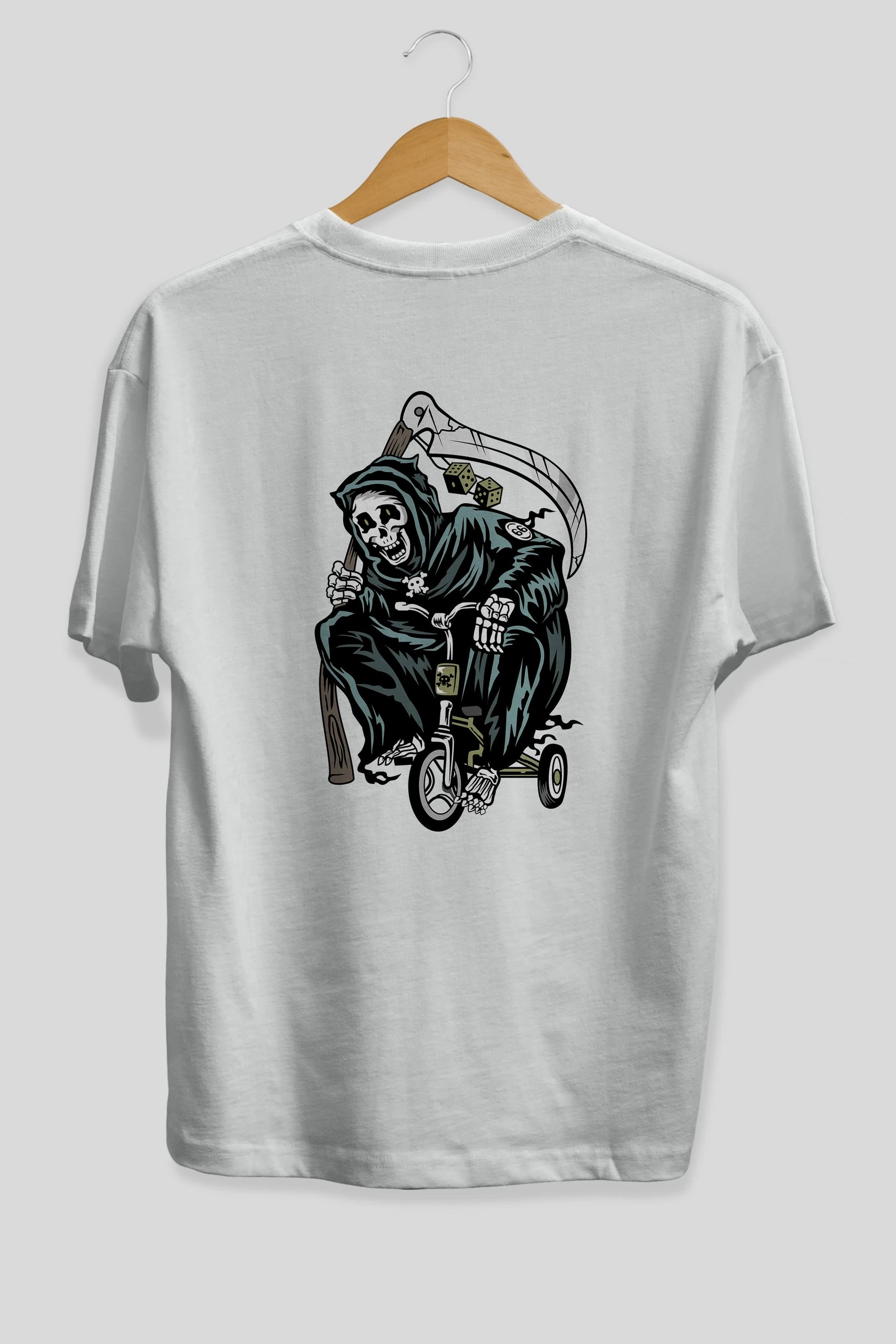 Grim Reaper Bicycle Arka Baskılı Oversize t-shirt Erkek Kadın Unisex %100 Pamuk tişort
