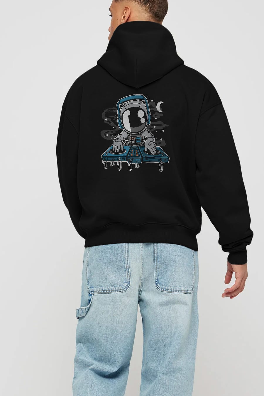 Astronaut Turntable Arka Baskılı Hoodie Oversize Kapüşonlu Sweatshirt Erkek Kadın Unisex