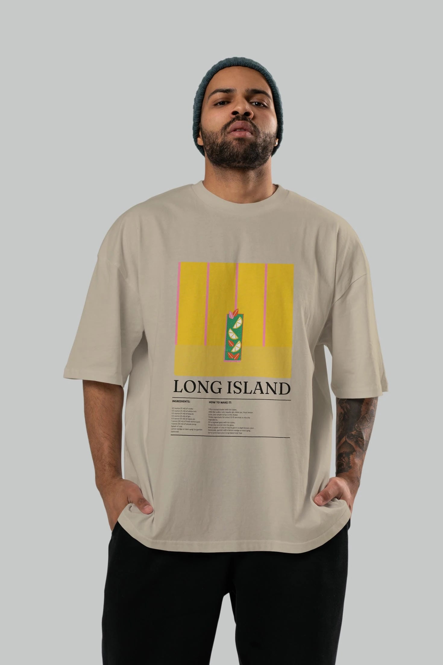 Long Island Kokteyl Ön Baskılı Oversize t-shirt Erkek Kadın %100 Pamuk Bisiklet Yaka tişort