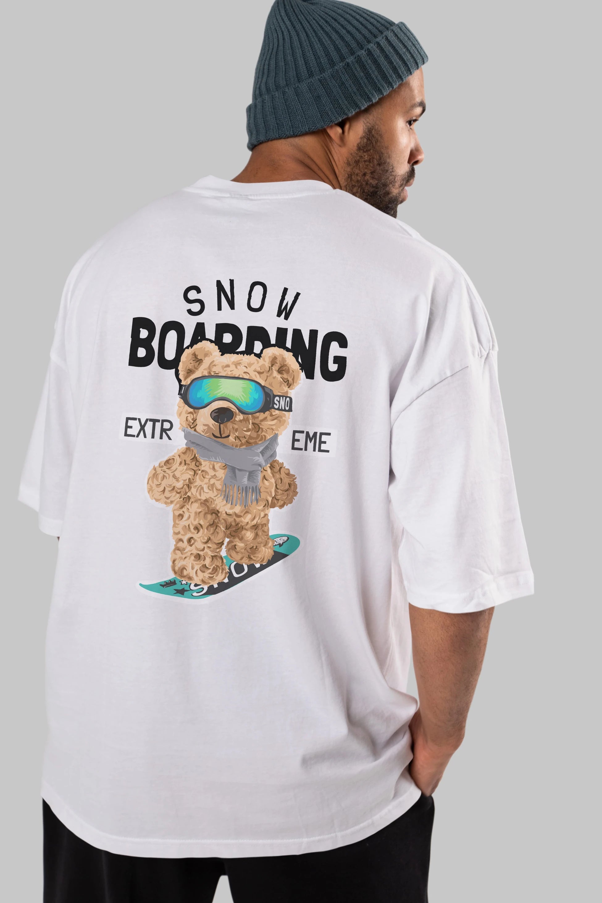 Teddy Bear Snow Boarding Arka Baskılı Oversize t-shirt Erkek Kadın Unisex %100 Pamuk