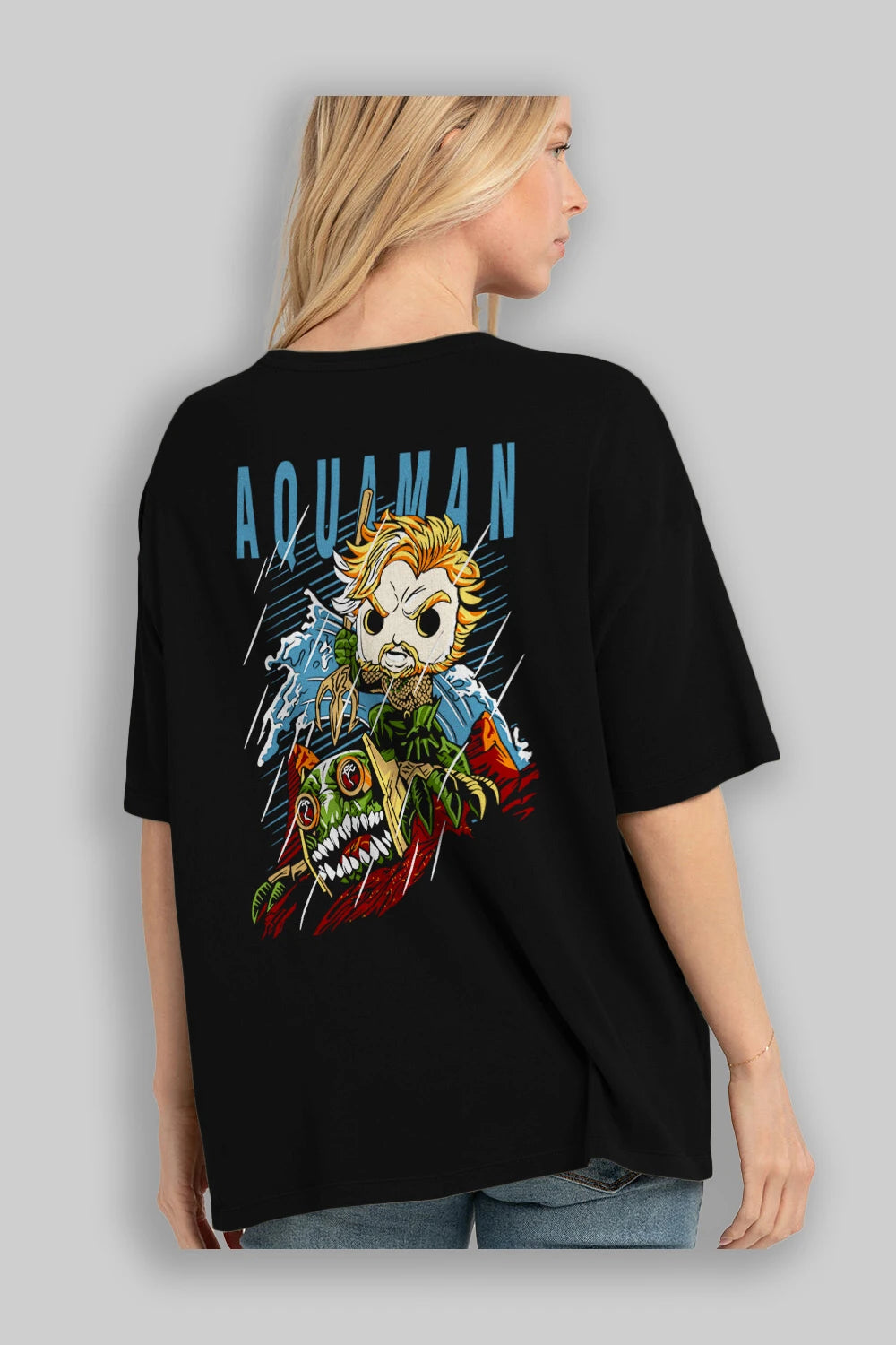Aquaman Arka Baskılı Oversize t-shirt Erkek Kadın Unisex %100 Pamuk Bisiklet Yaka tişort