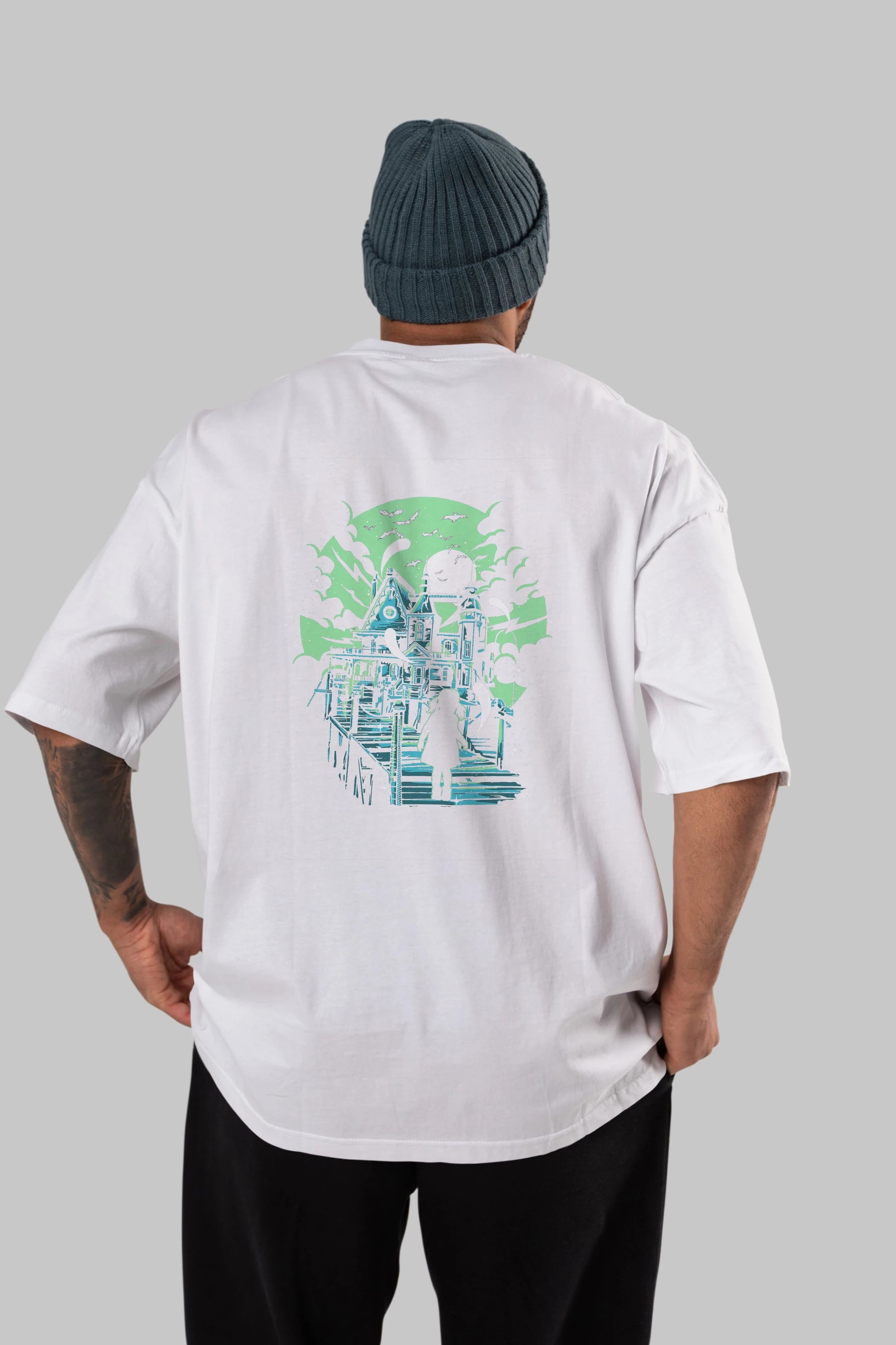 Haunted House Arka Baskılı Oversize t-shirt Erkek Kadın Unisex %100 Pamuk