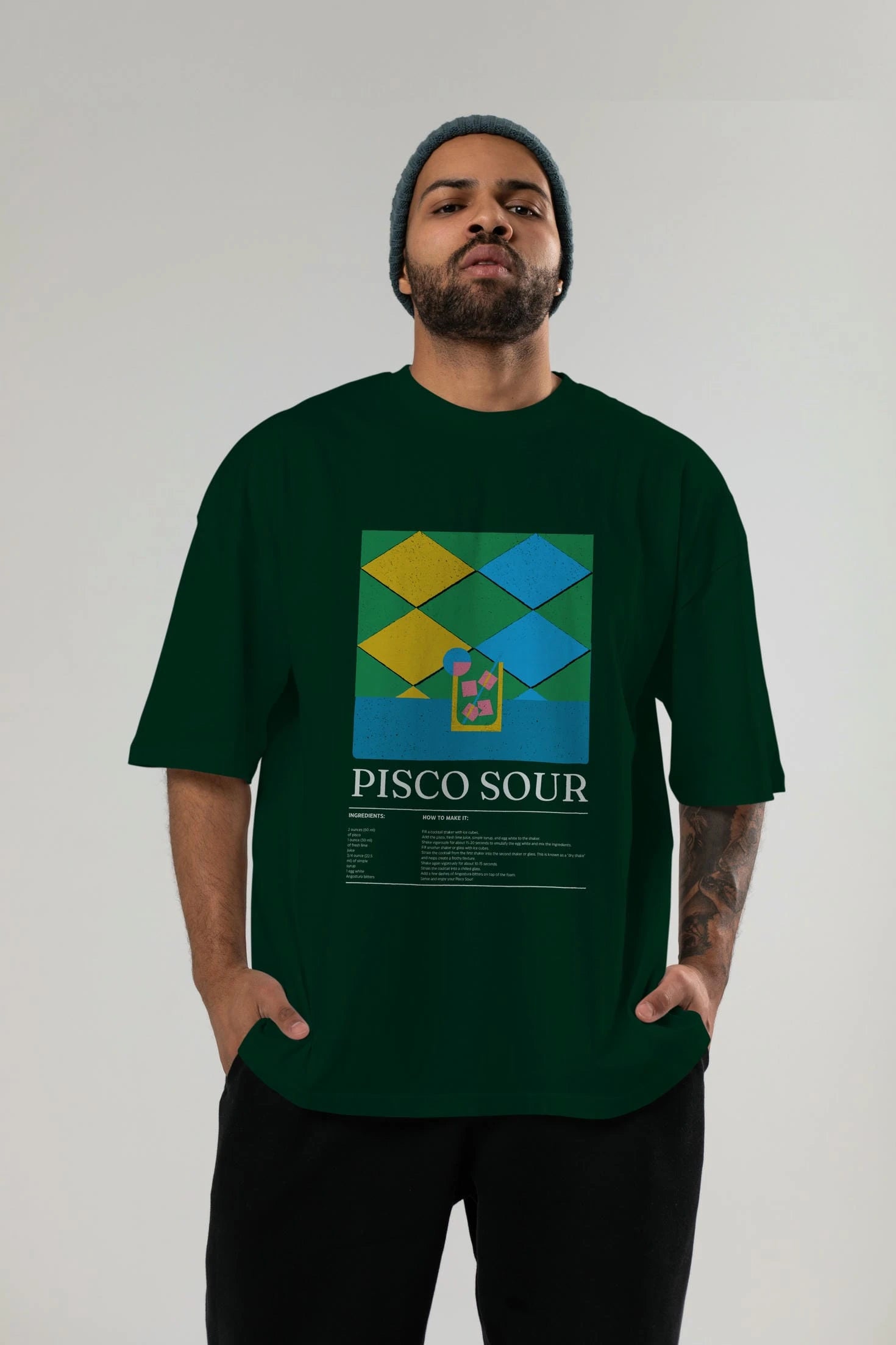 Pisco Sour Kokteyl Ön Baskılı Oversize t-shirt Erkek Kadın %100 Pamuk Bisiklet Yaka tişort
