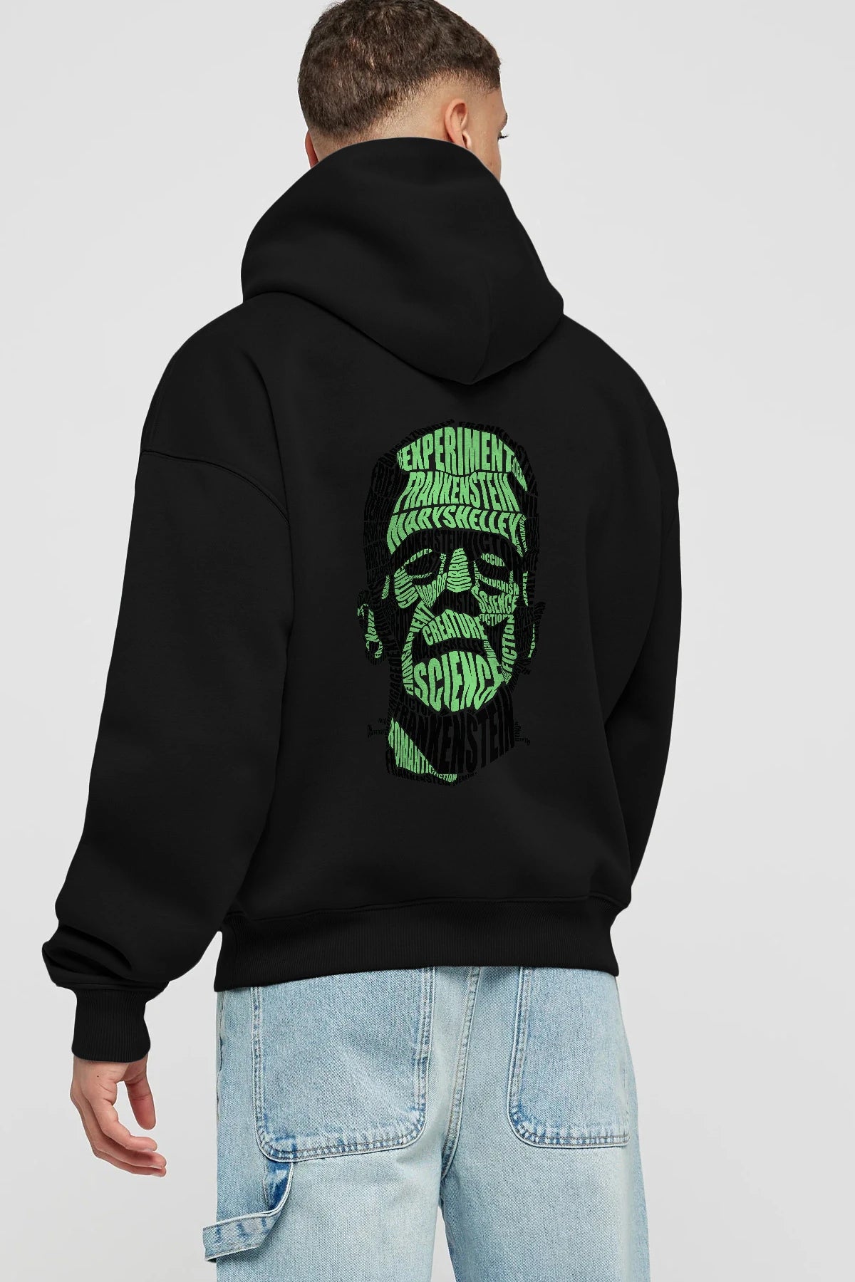 Frankenstein Calligram Arka Baskılı Hoodie Oversize Kapüşonlu Sweatshirt Erkek Kadın Unisex