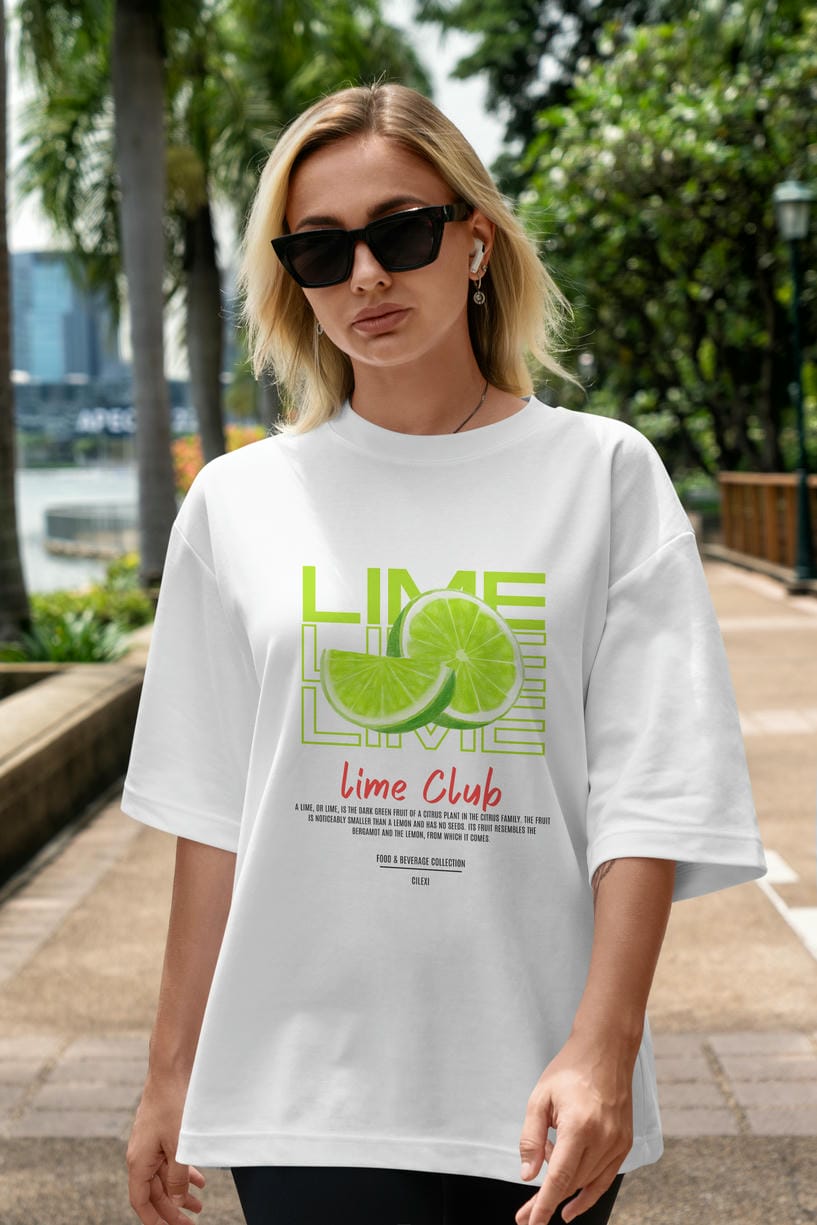 Lime Kokteyl Serisi ön Baskılı Oversize t-shirt Erkek Kadın %100 Pamuk Bisiklet Yaka tişort