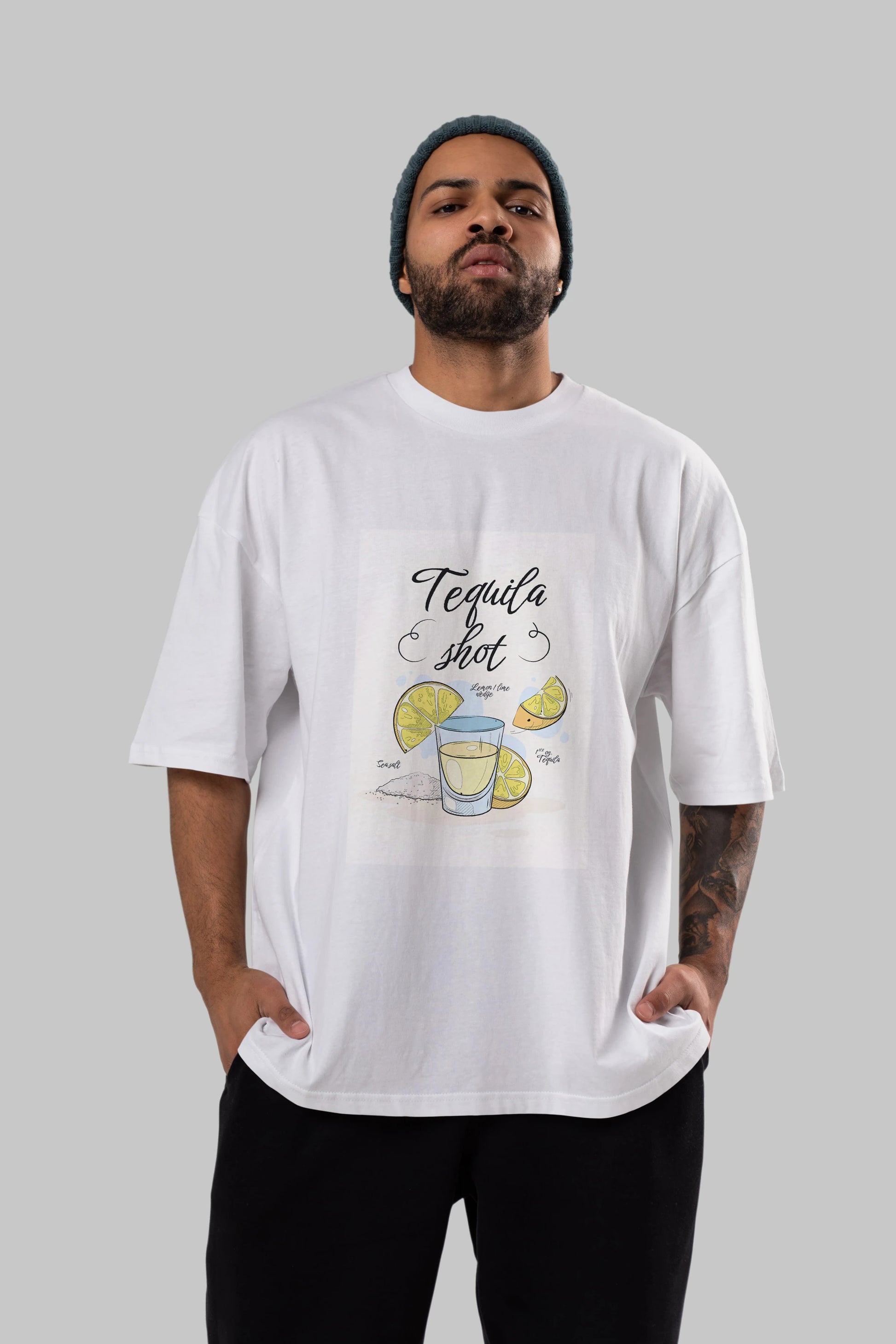 Tequila Shot Ön Baskılı Oversize t-shirt Erkek Kadın Unisex %100 Pamuk Bisiklet Yaka tişort