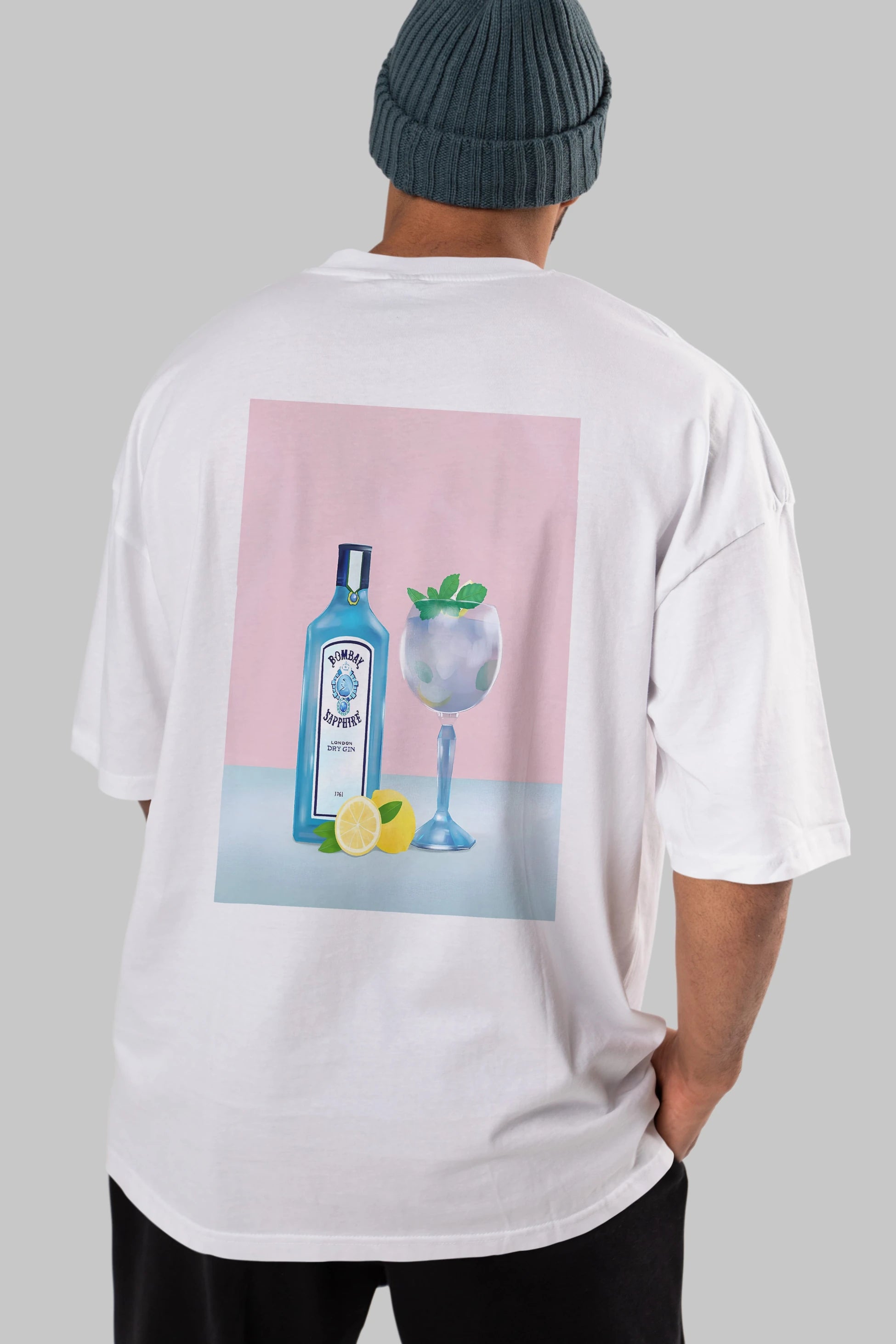 Bombay Sapphire Dry Gin Arka Baskılı Oversize t-shirt Erkek Kadın Unisex %100 Pamuk Bisiklet Yaka tişort