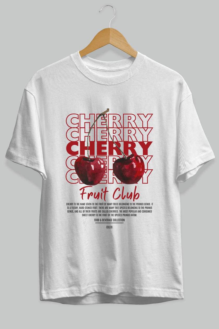 Cherry Ön Baskılı Oversize t-shirt Erkek Kadın Pamuk Bisiklet Yaka tişort