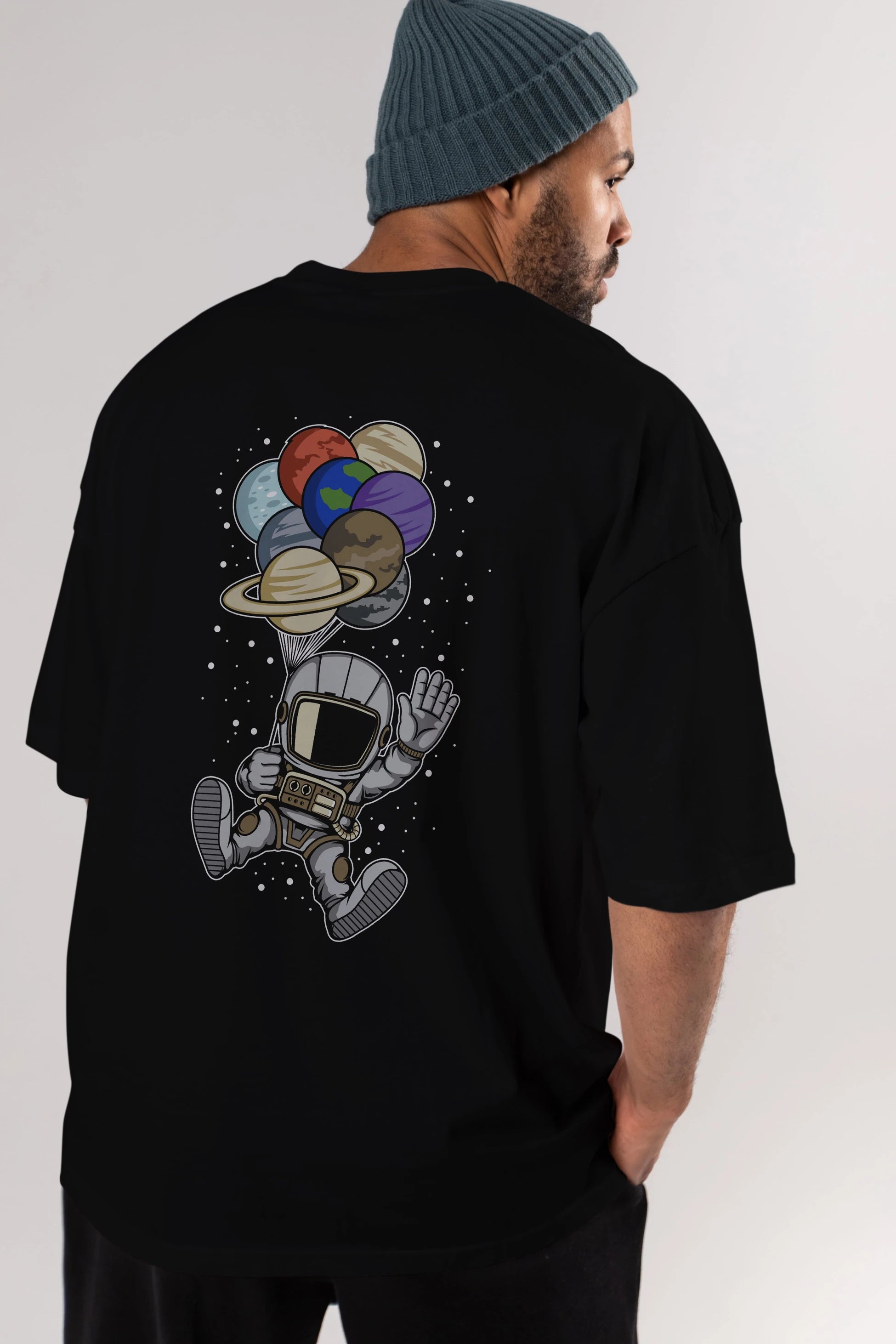 Astronaut Baloon Planets Arka Baskılı Oversize t-shirt Erkek Kadın Unisex