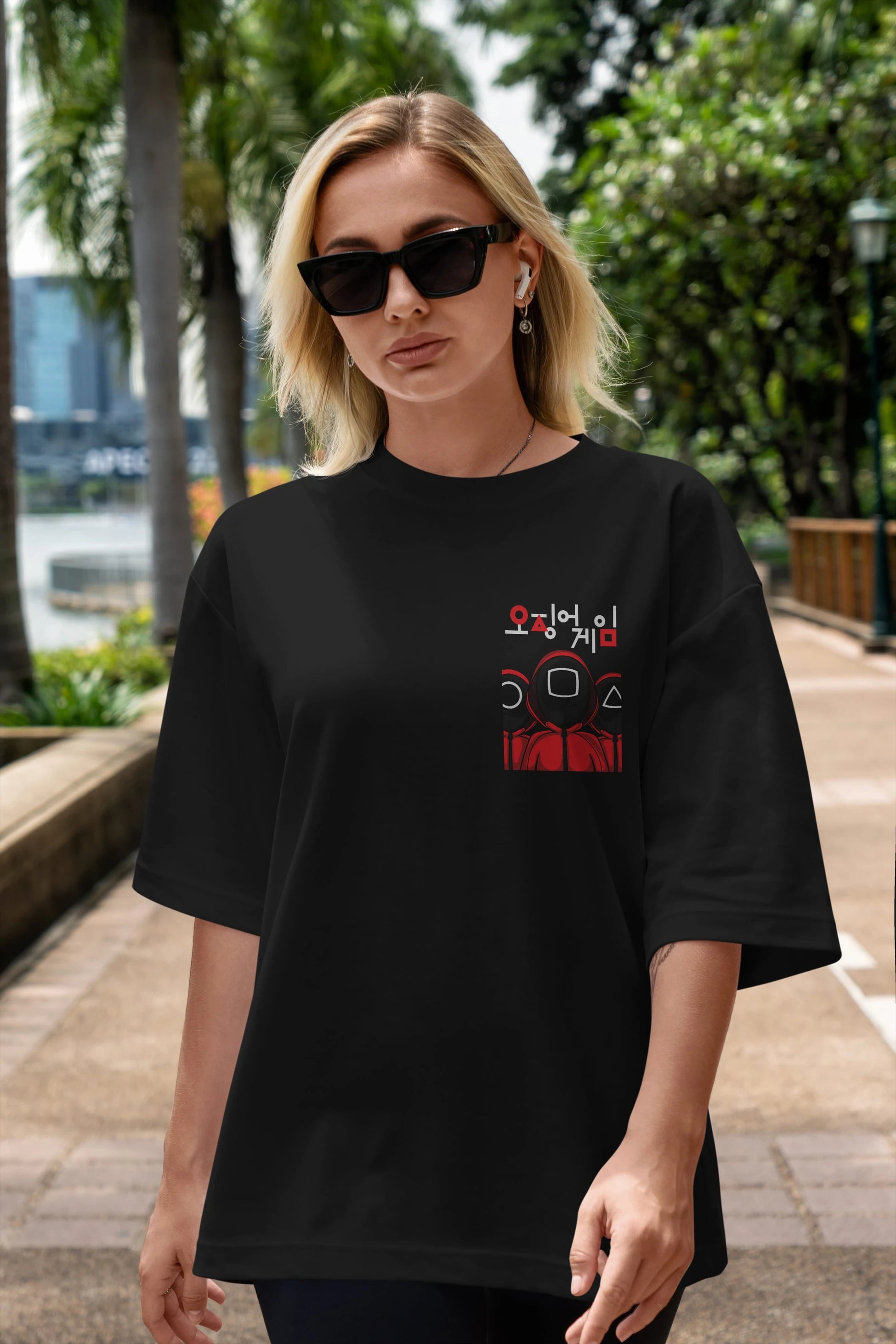 Squid Game (7) Ön Sol Baskılı Oversize t-shirt Erkek Kadın Unisex %100 Pamuk Bisiklet Yaka tişort