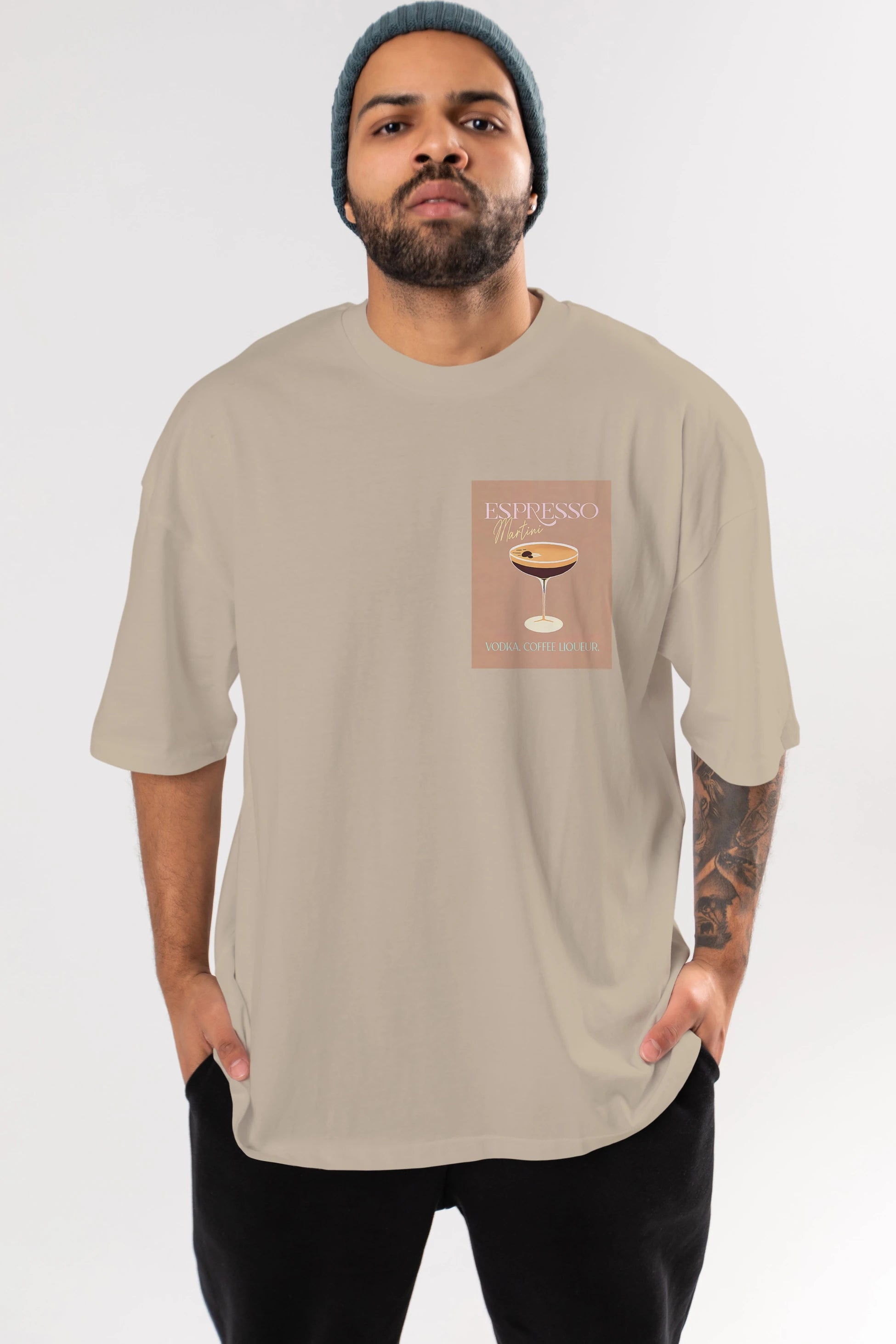 Espresso Martini Cocktail Ön Sol Baskılı Oversize t-shirt Erkek Kadın Unisex %100 Pamuk Bisiklet Yaka tişort
