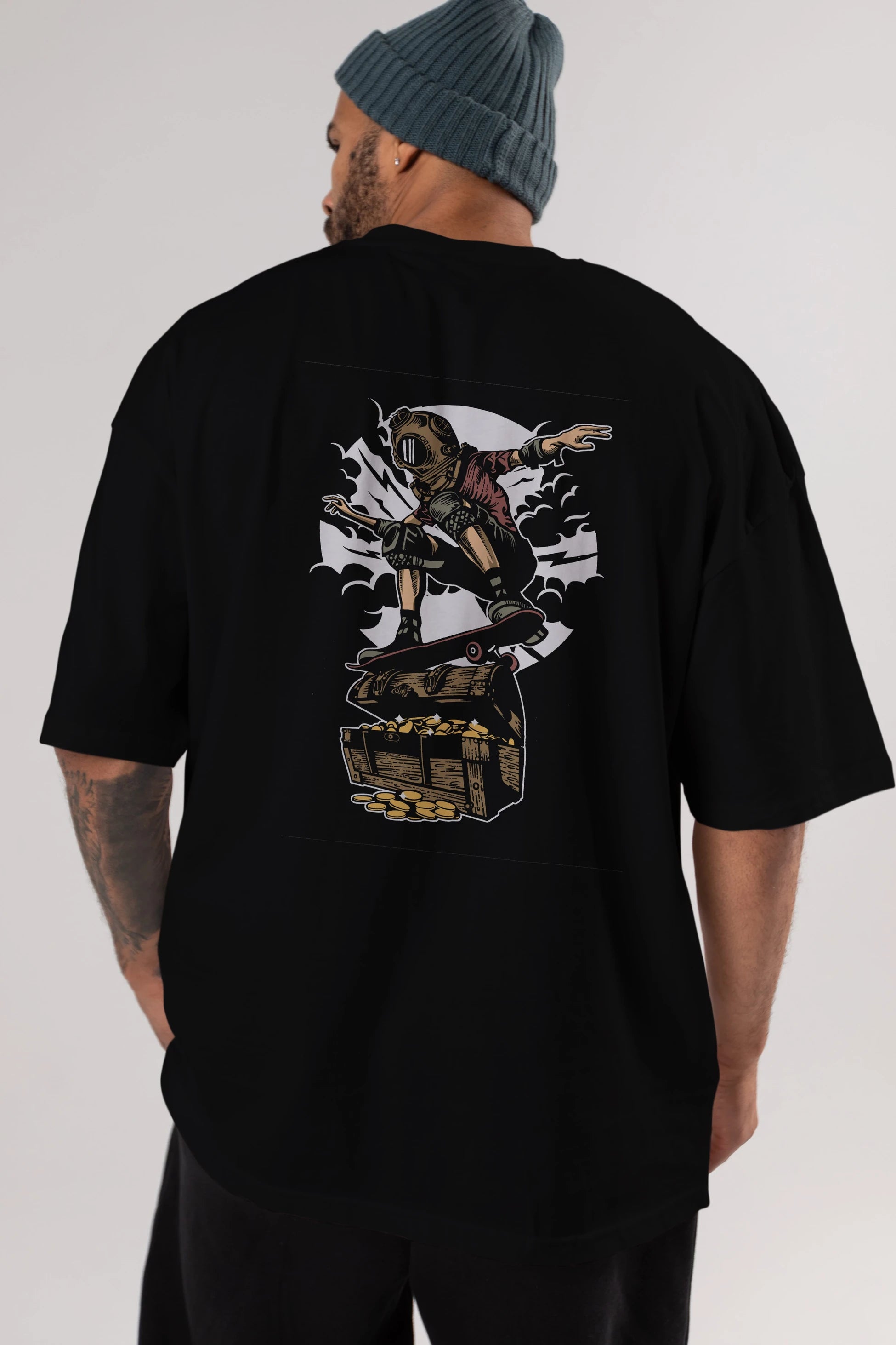 Diver Skater Treasure Arka Baskılı Oversize t-shirt Erkek Kadın Unisex %100 Pamuk