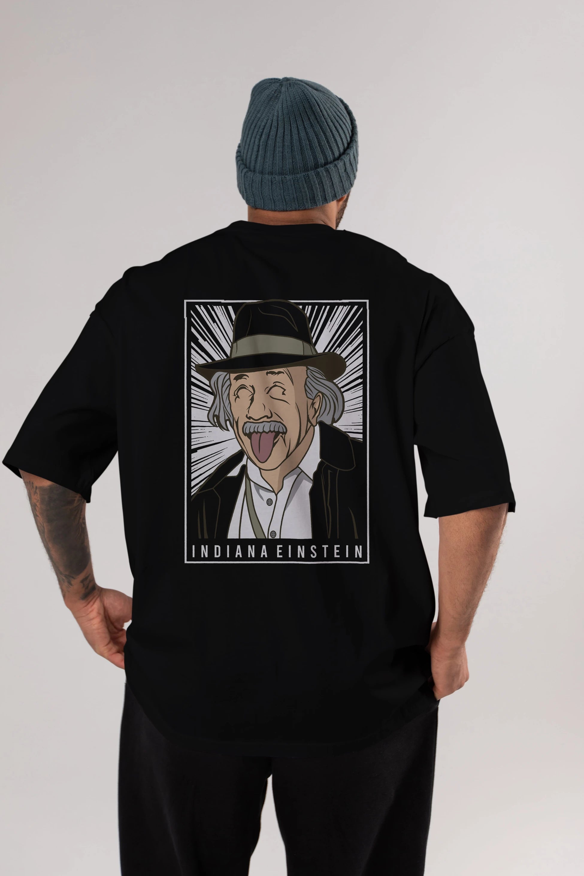 Indiana Jones Einstein Arka Baskılı Oversize t-shirt Erkek Kadın Unisex %100 Pamuk tişort