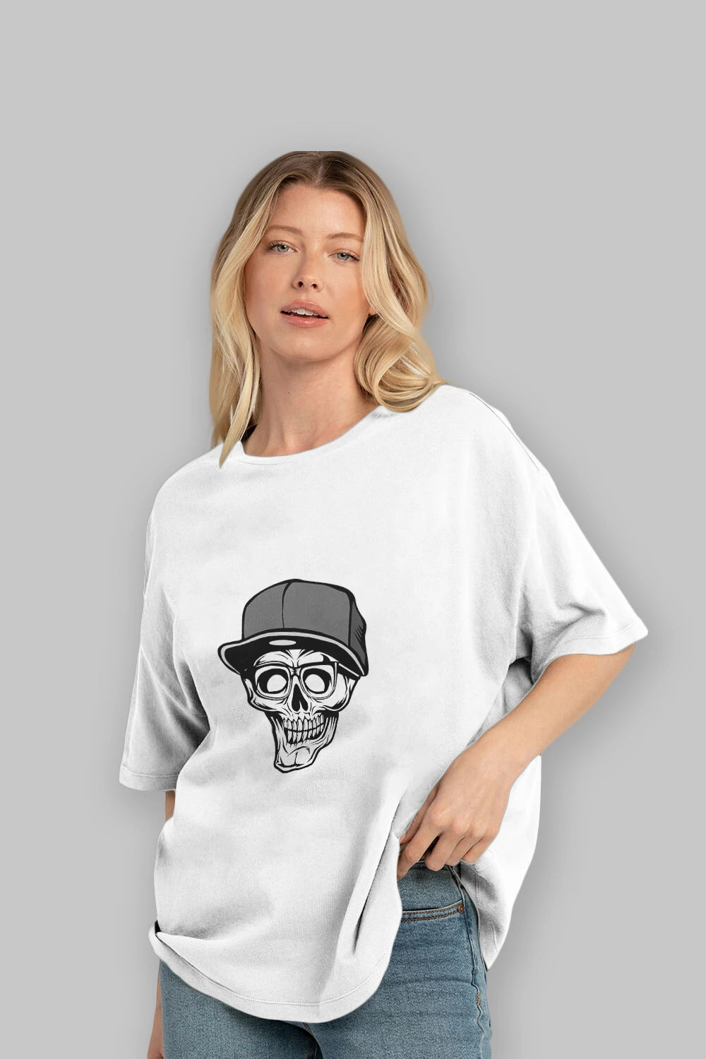 Skull With Hat Ön Baskılı Oversize t-shirt Erkek Kadın Unisex %100 Pamuk tişort