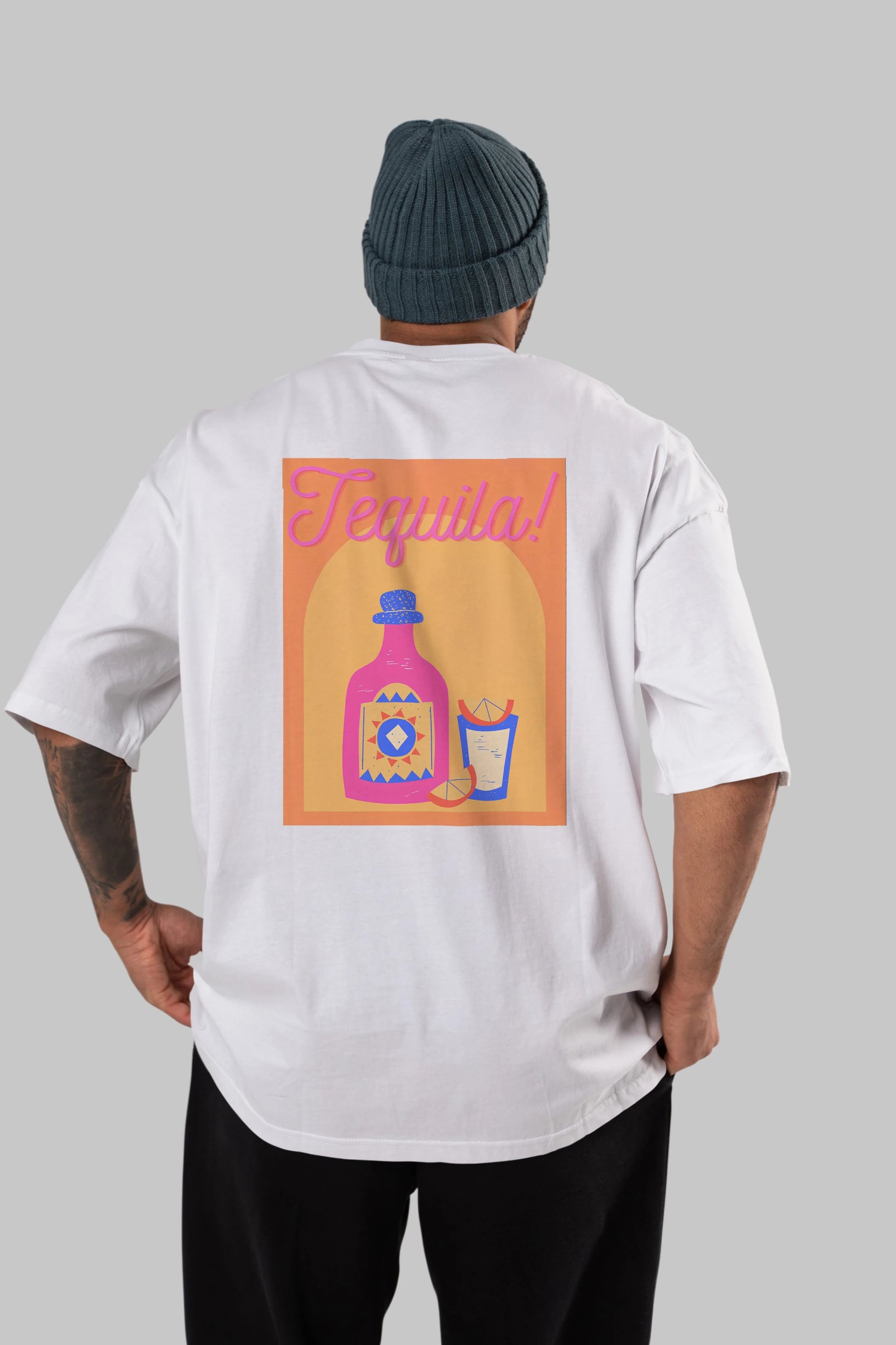 Tequila Arka Baskılı Oversize t-shirt Erkek Kadın Unisex %100 Pamuk Bisiklet Yaka tişort