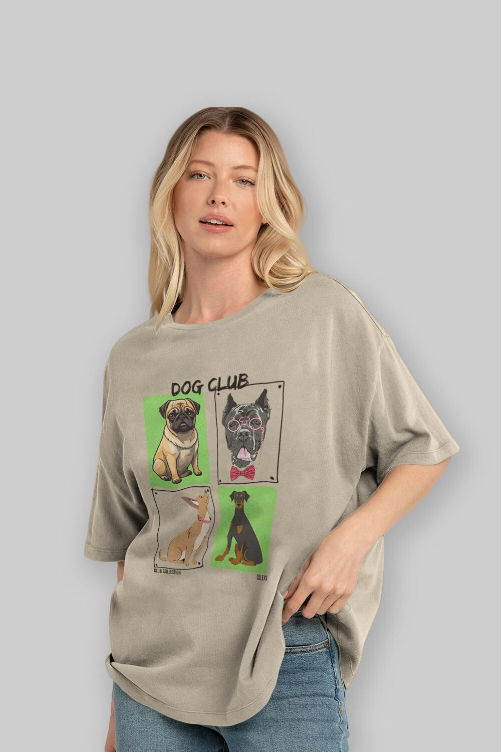 Dog Club ön Baskılı Oversize t-shirt Erkek Kadın %100 Pamuk Bisiklet Yaka tişort