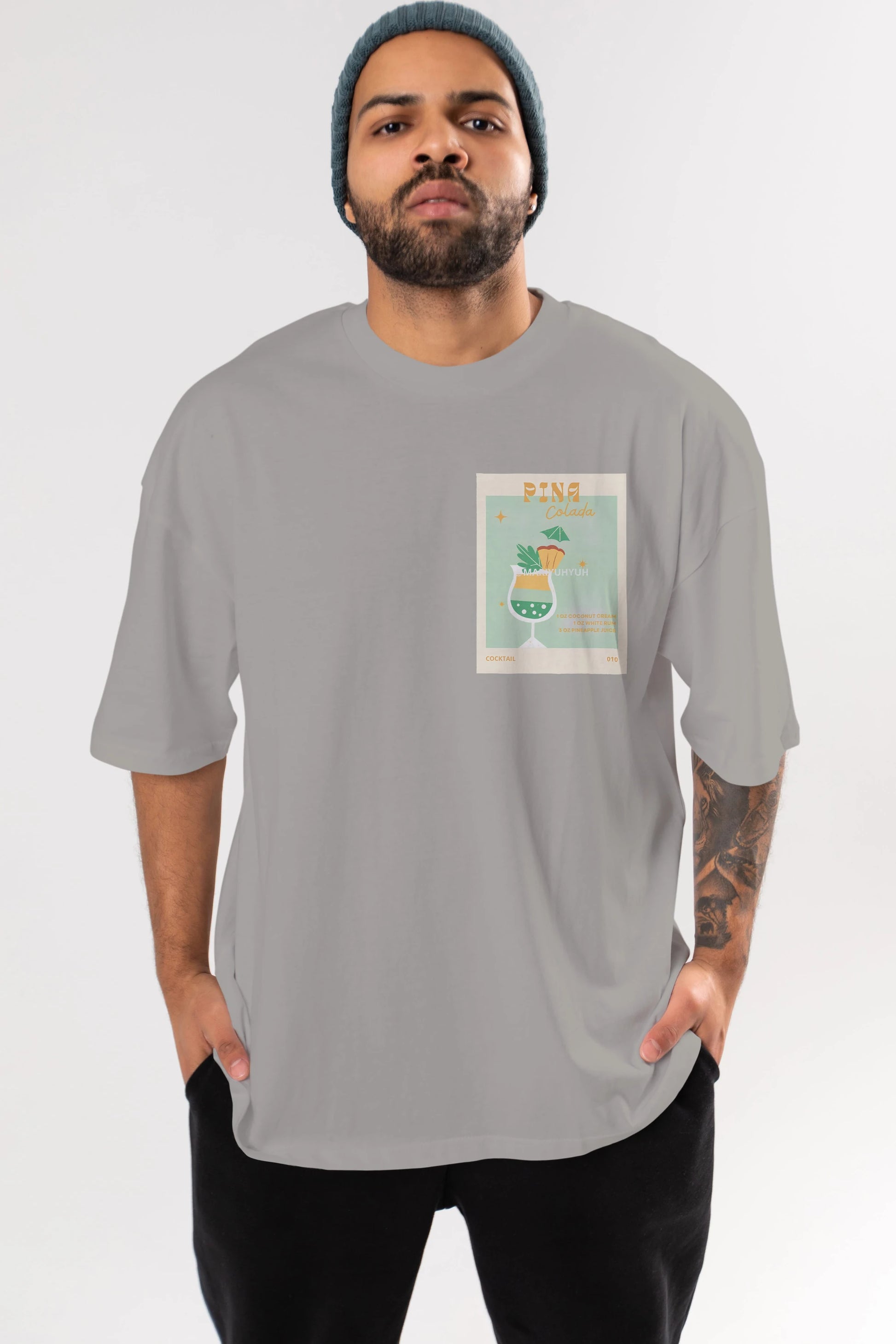 Pina Colada Ön Sol Baskılı Oversize t-shirt Erkek Kadın Unisex %100 Pamuk Bisiklet Yaka tişort