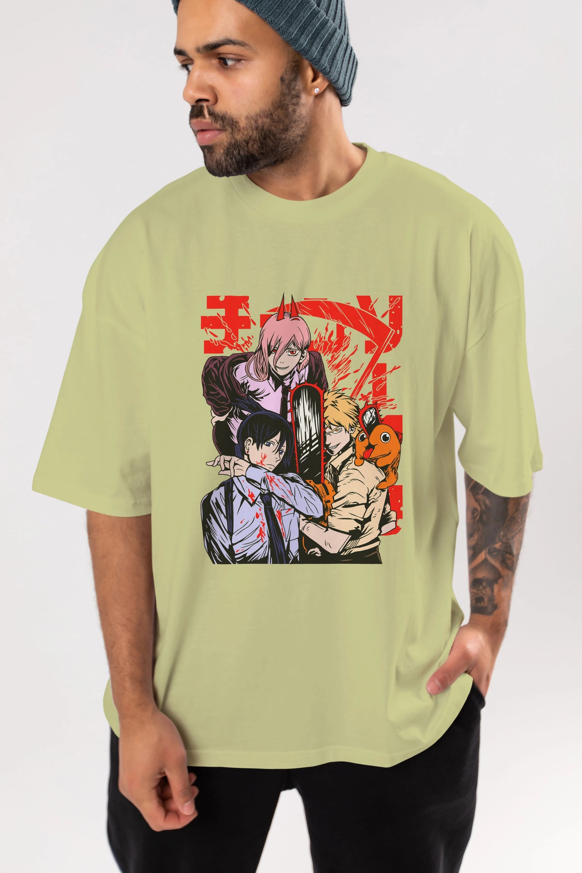CHAINSAWMAN CREW Anime Ön Baskılı Oversize t-shirt %100 pamuk Erkek Kadın Unisex