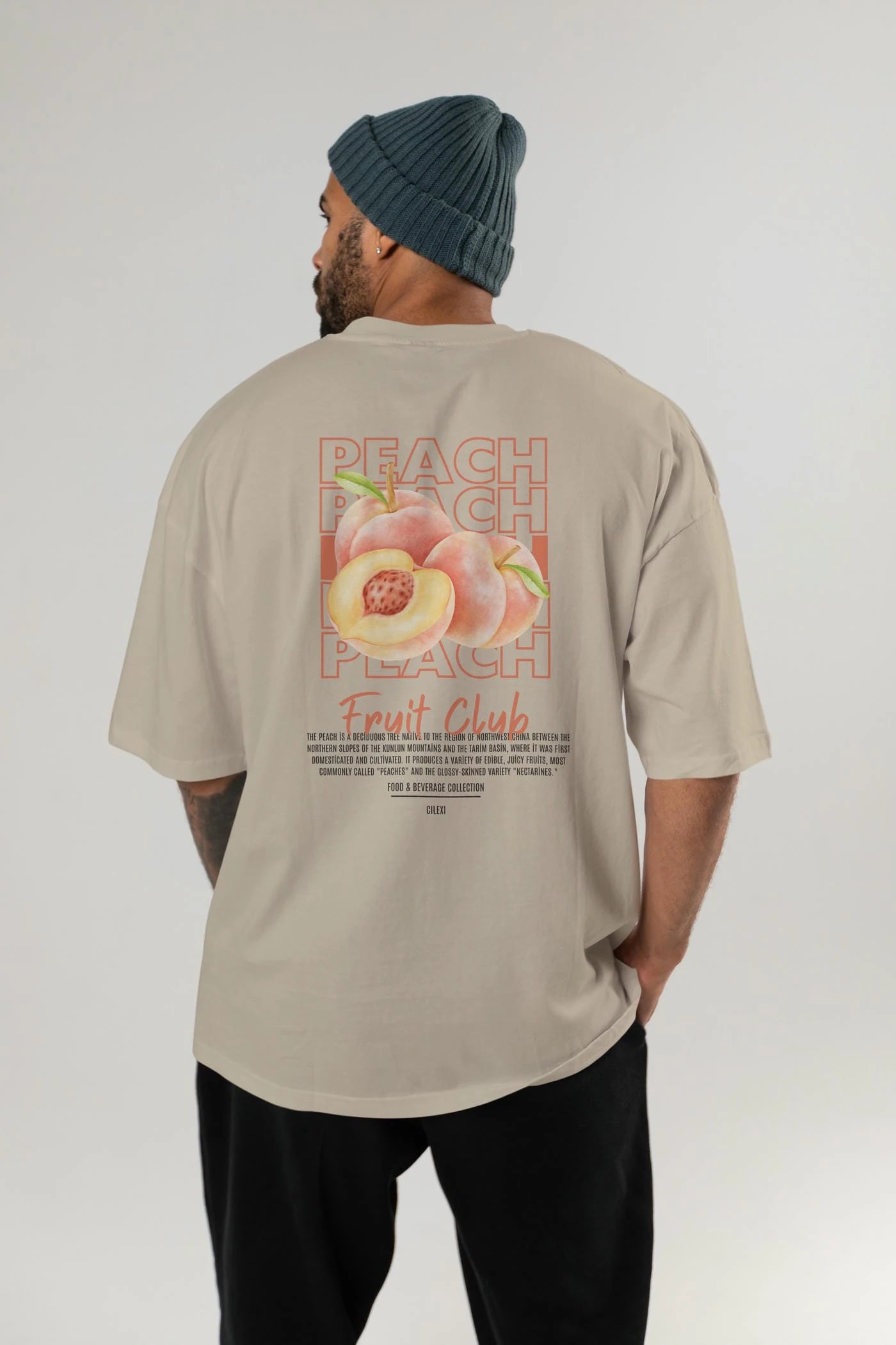 Peach Arka Baskılı Oversize t-shirt Erkek Kadın Pamuk Bisiklet Yaka tişort